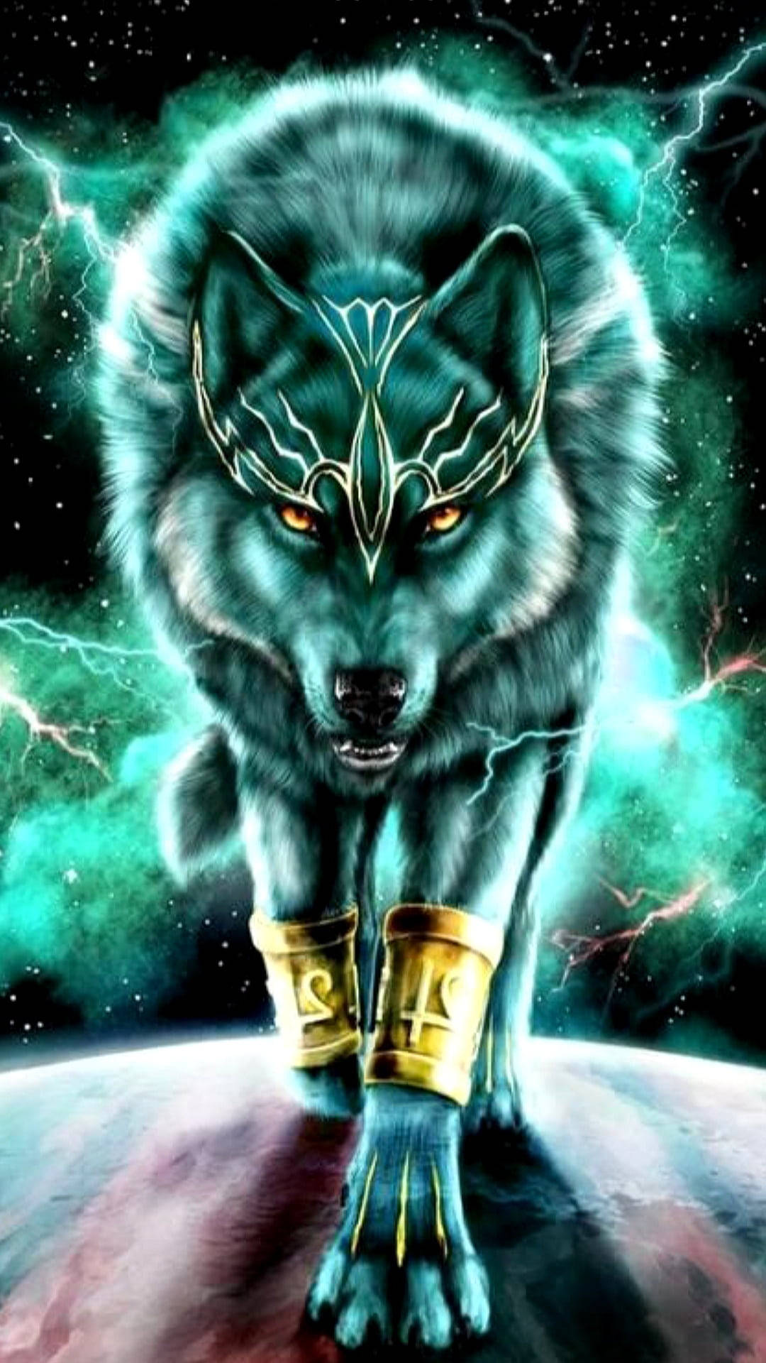 Lobo de anime caminando sobre un planeta azul neón Fondos de pantalla