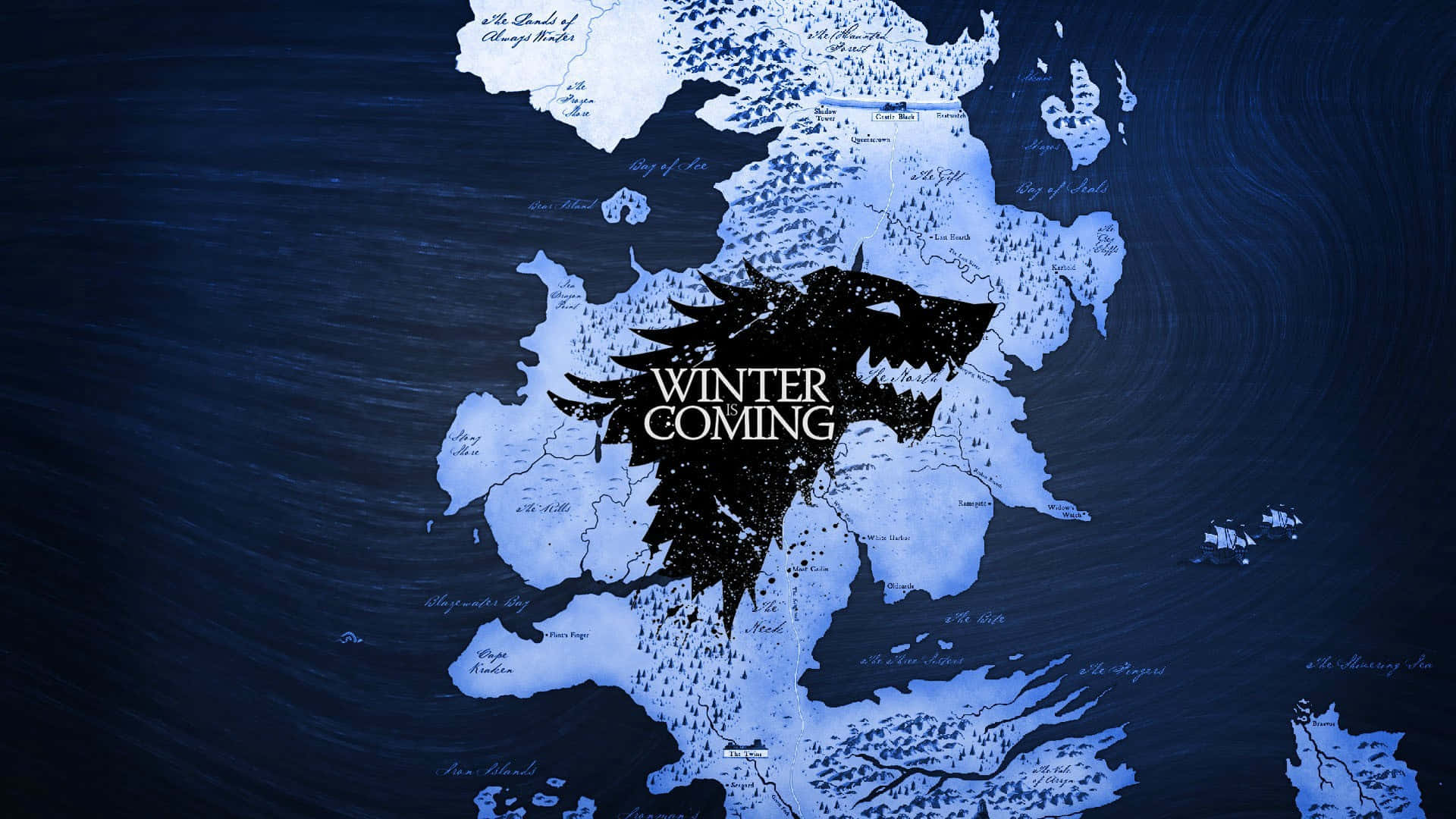 Lobo de la Casa Stark sobre mapa azul de Westeros Fondos de pantalla