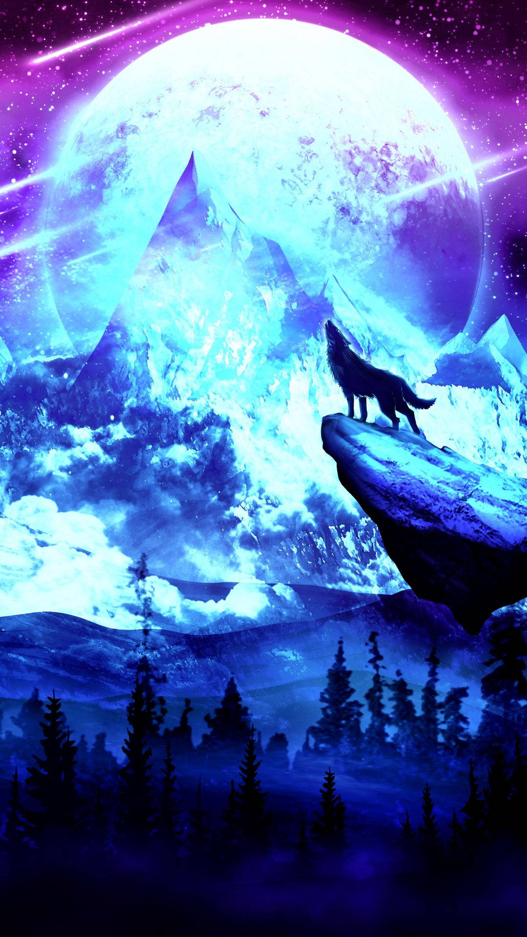 Lobo Galáctico con Luna de Neón Fondos de pantalla