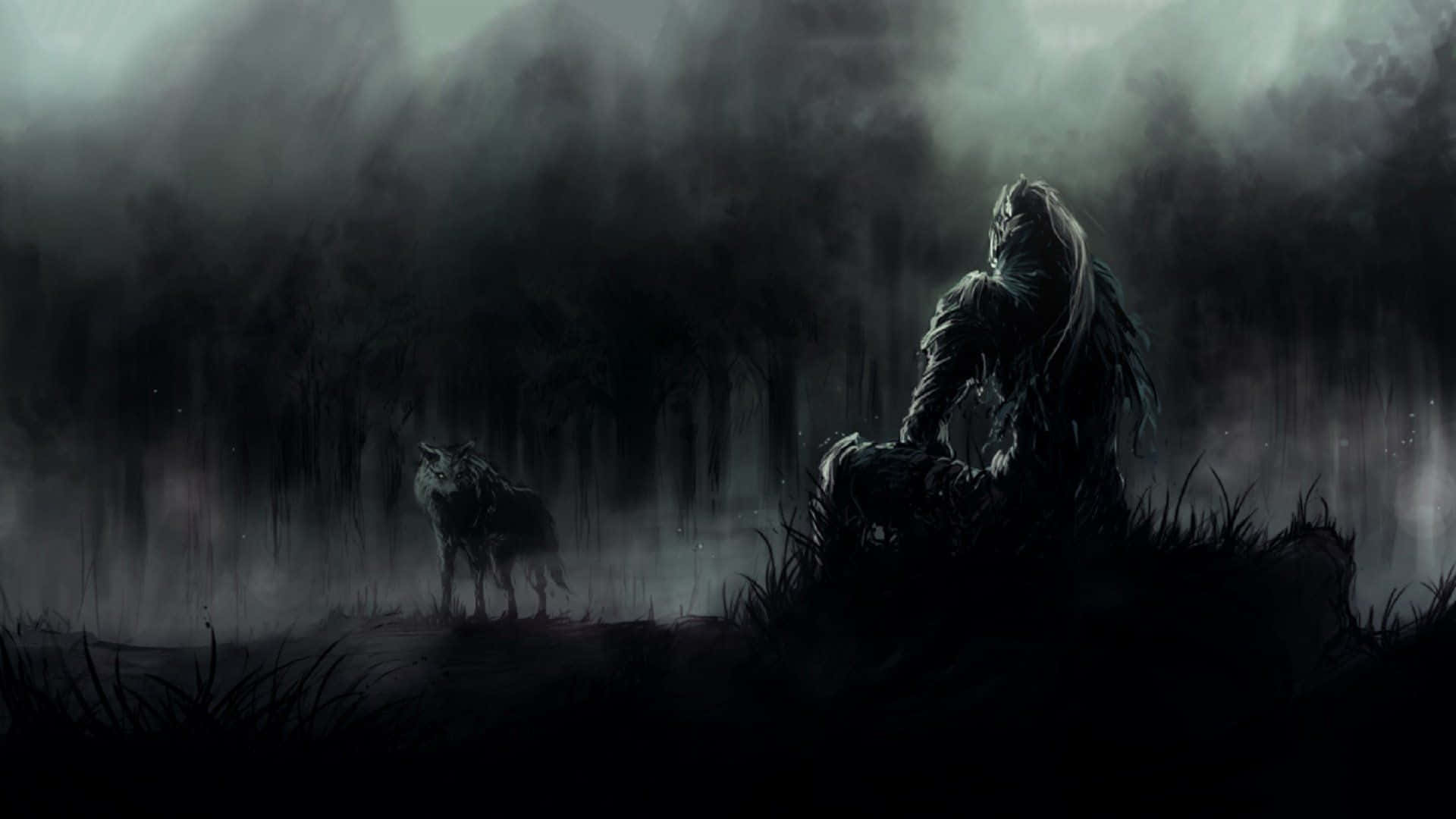 Lobo y Hombre de Dark Souls en Negro 1920x1080 Fondos de pantalla