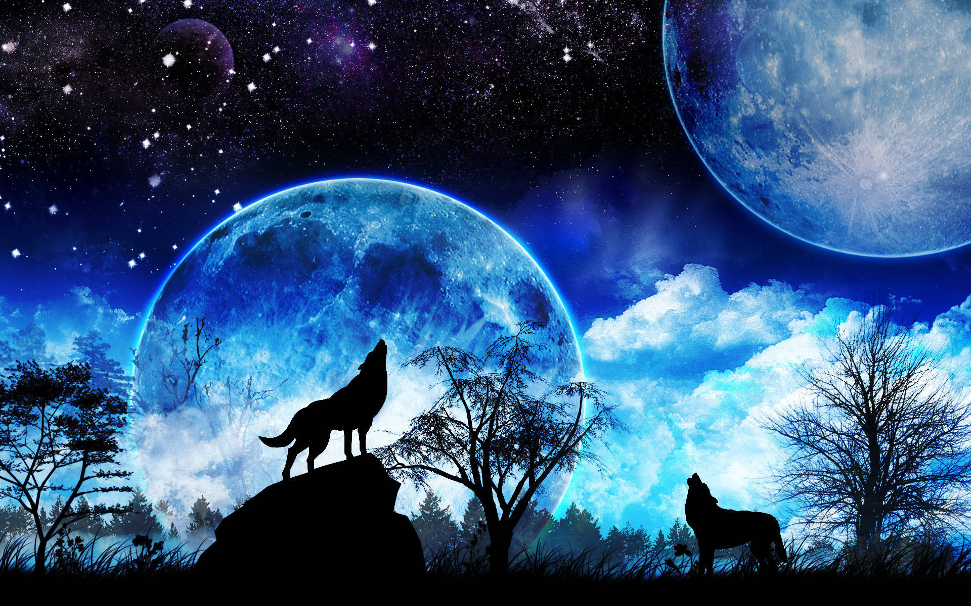 Lobos Aullando y Luna Galáctica Fondos de pantalla