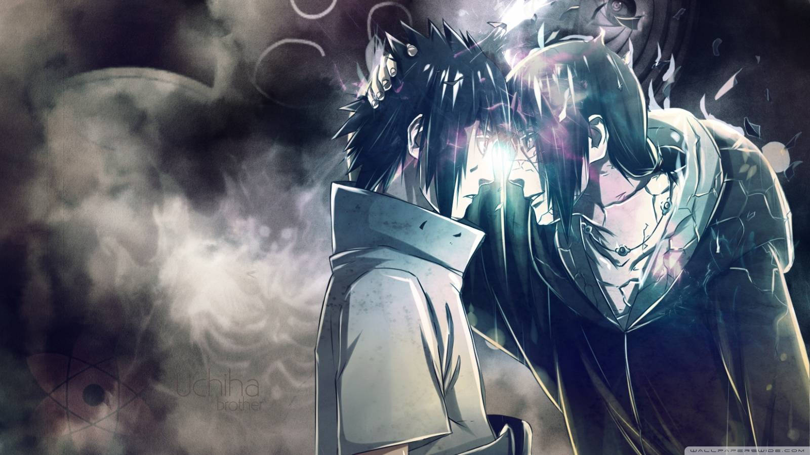 Fondo de pantalla de los hermanos Uchiha Sasuke e Itachi en una conversación cara a cara