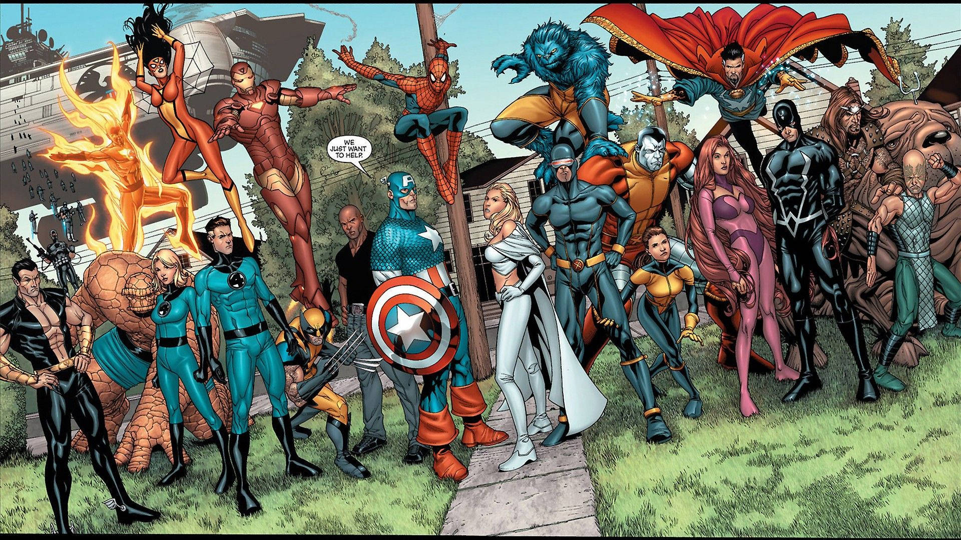 Personajes superhéroes de Marvel todos en un fondo.