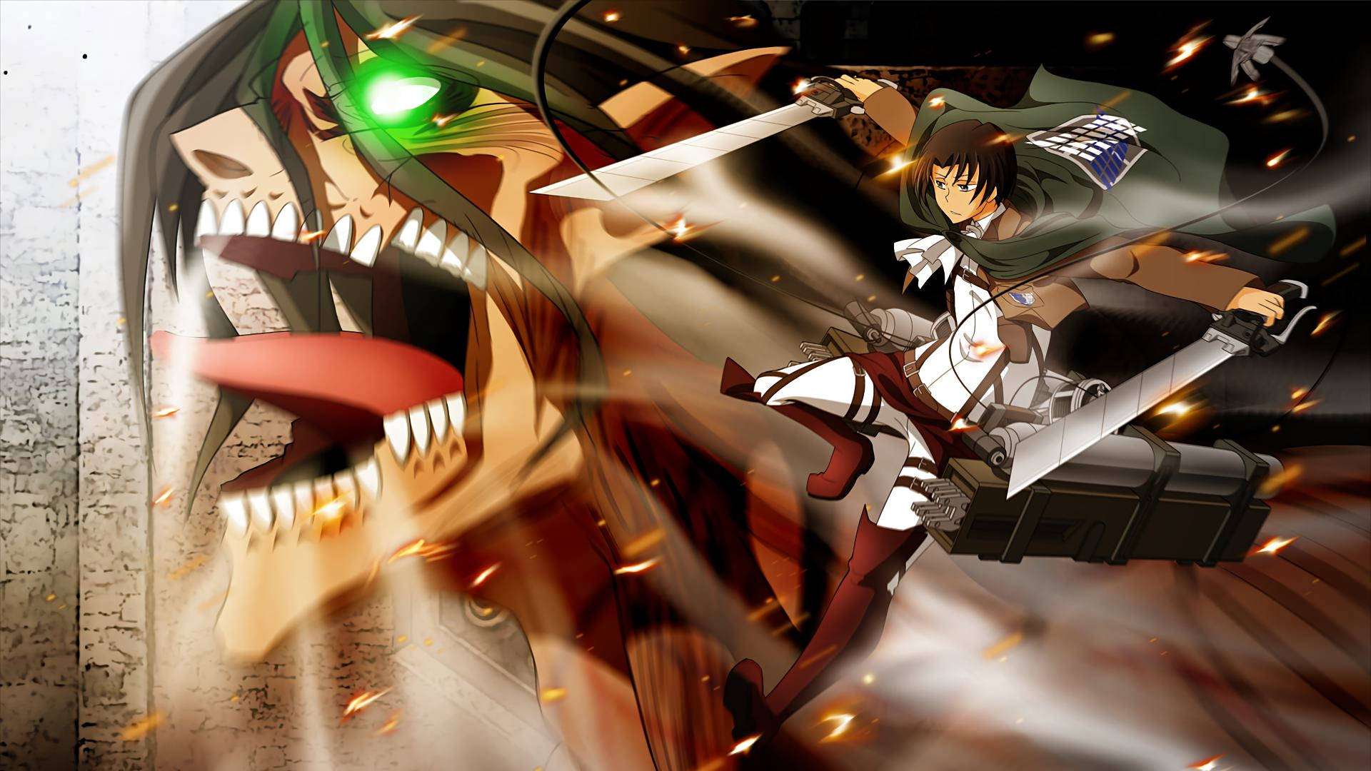 Lei con alas en su equipo de maniobras tridimensionales junto a la forma de Titán Ataque de Eren en un fondo de pantalla de arte fan de Attack On Titan.