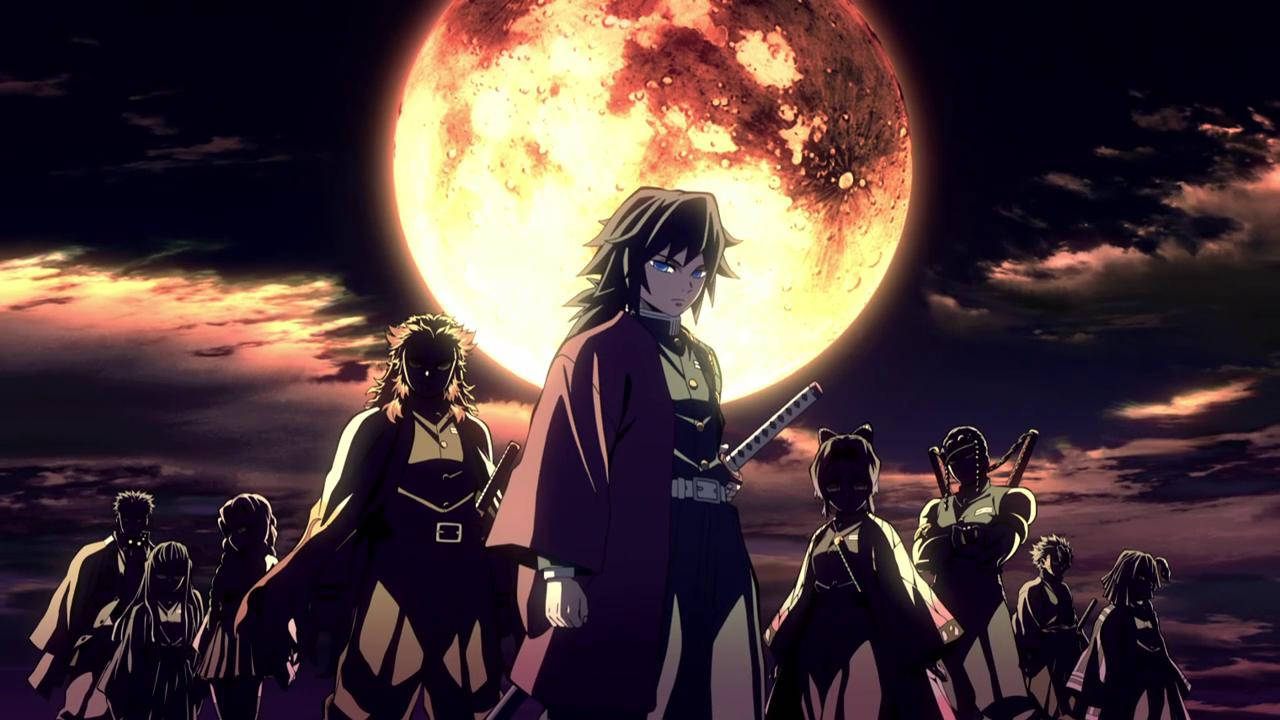 Fondo de pantalla de Demon Slayer de la silueta de los nueve hashiras bajo la luna llena.