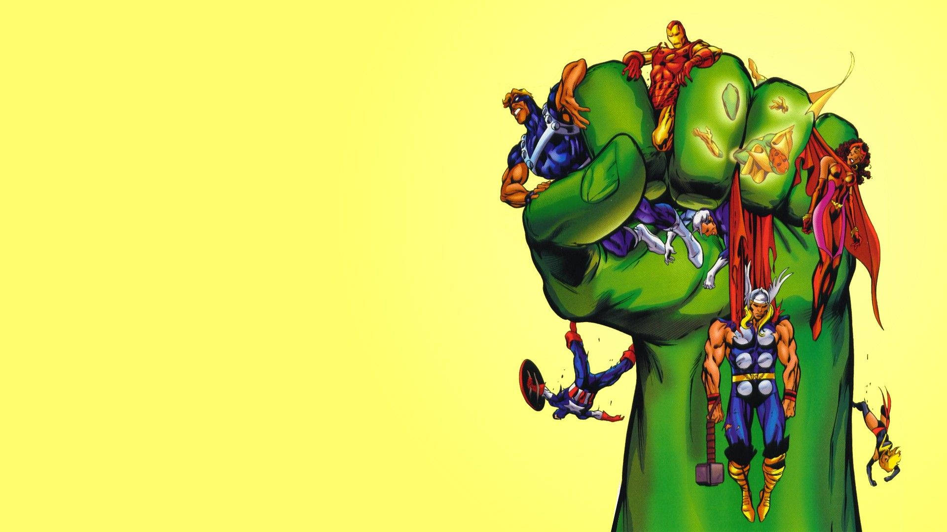 Manos gigantes verdes de Hulk de Marvel sosteniendo a otros superhéroes.