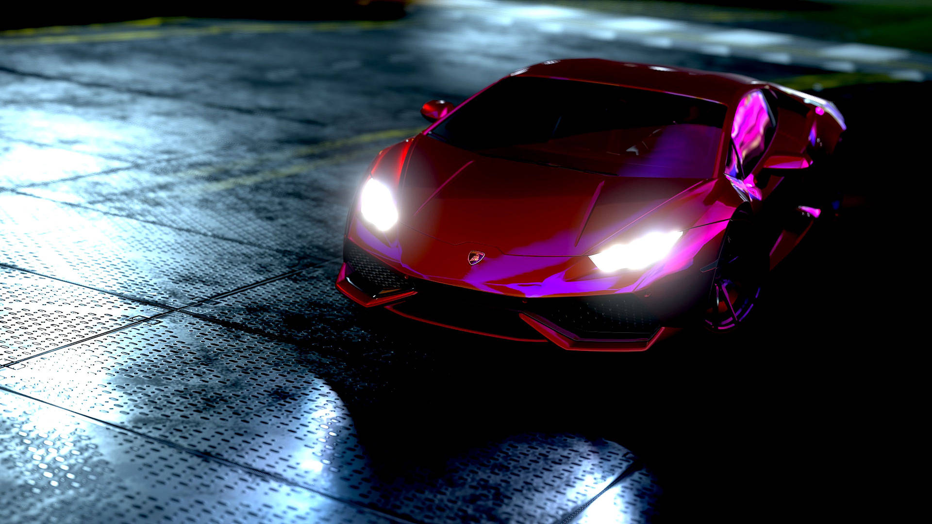 Fondo de pantalla del Lamborghini Huracán rojo con luces neón.