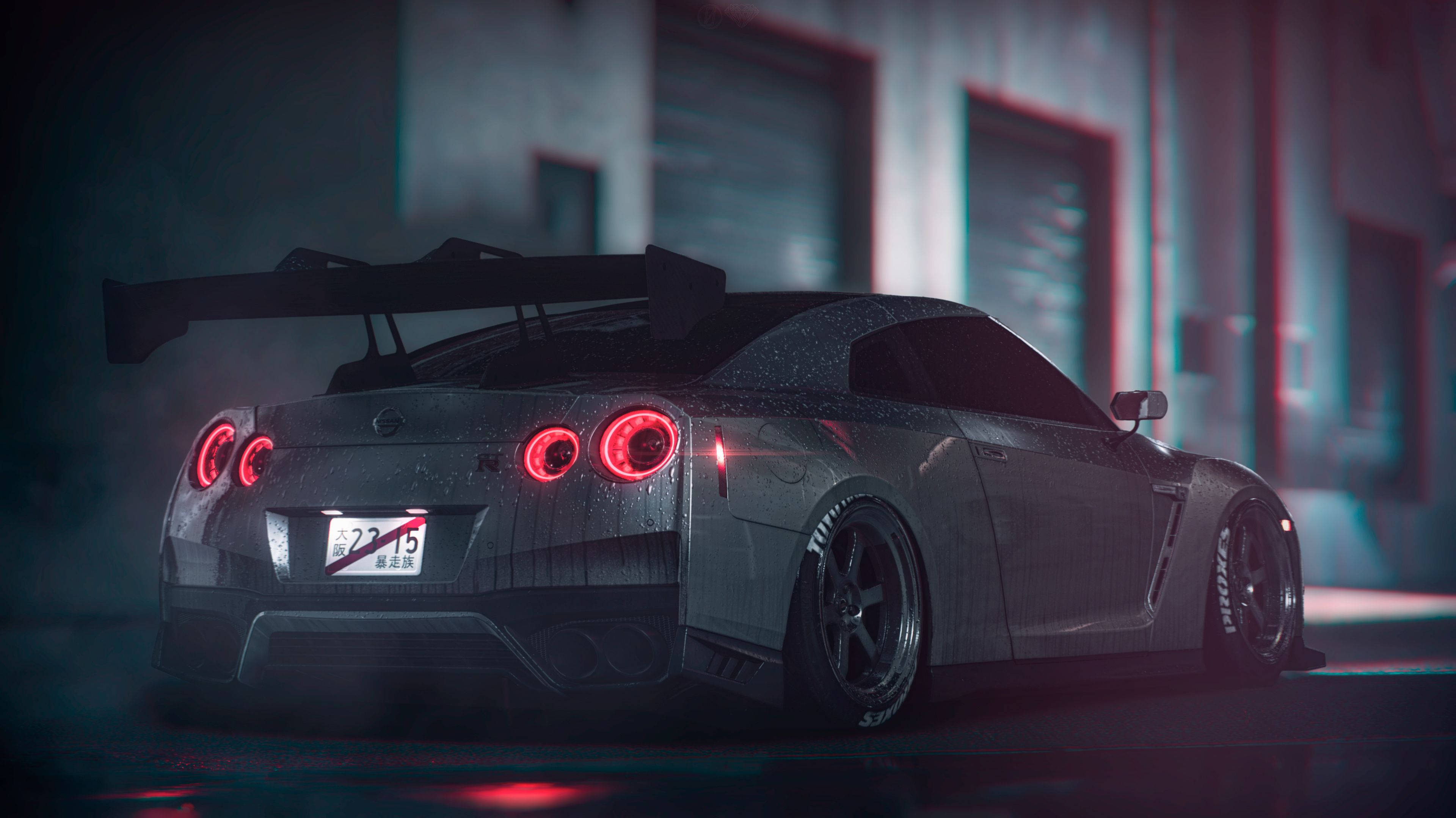 Luces Traseras Encendidas en Nissan GT R Gris 4K Fondos de pantalla