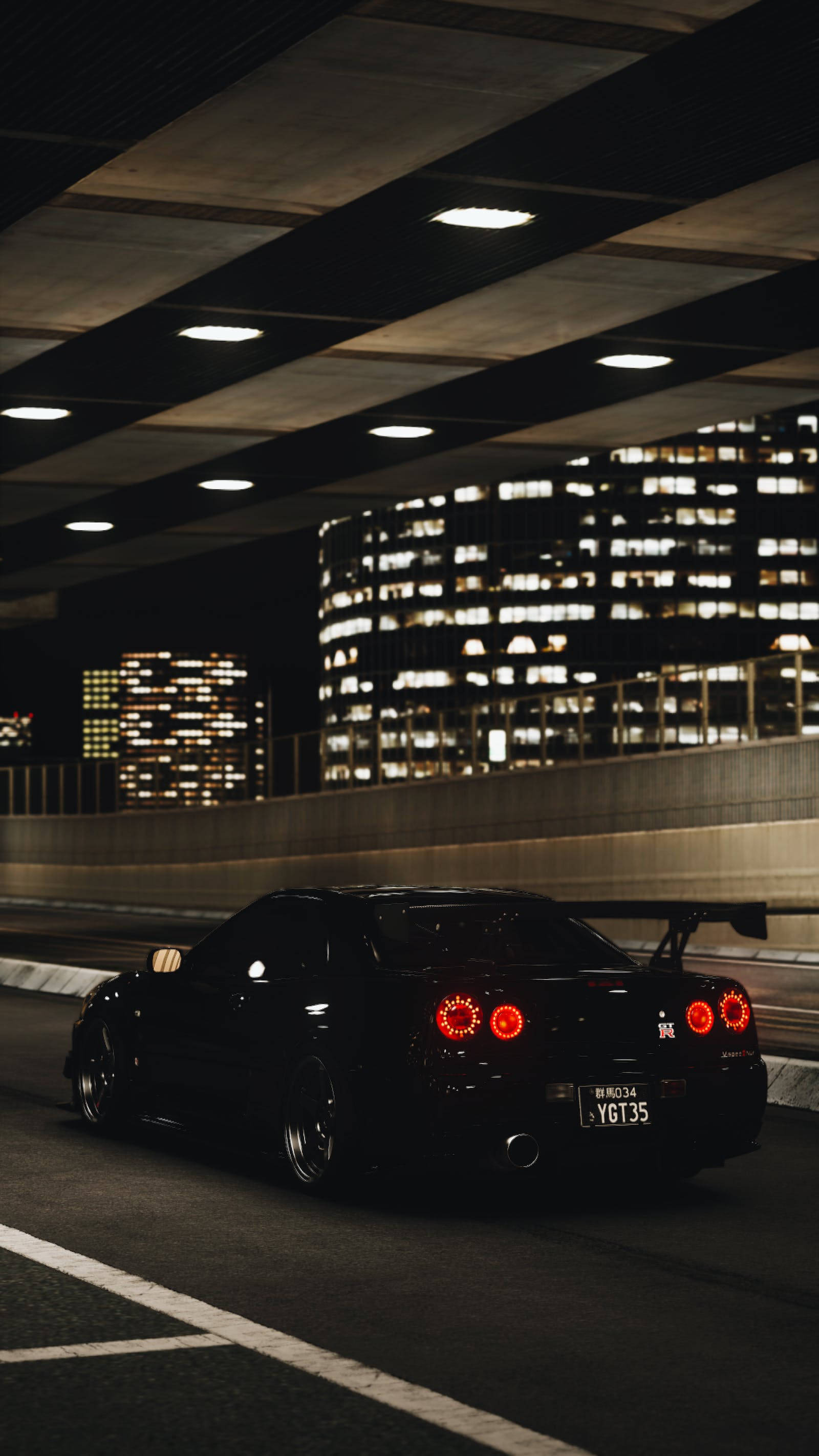 Luces y un Nissan GT-R Negro 4K Fondos de pantalla