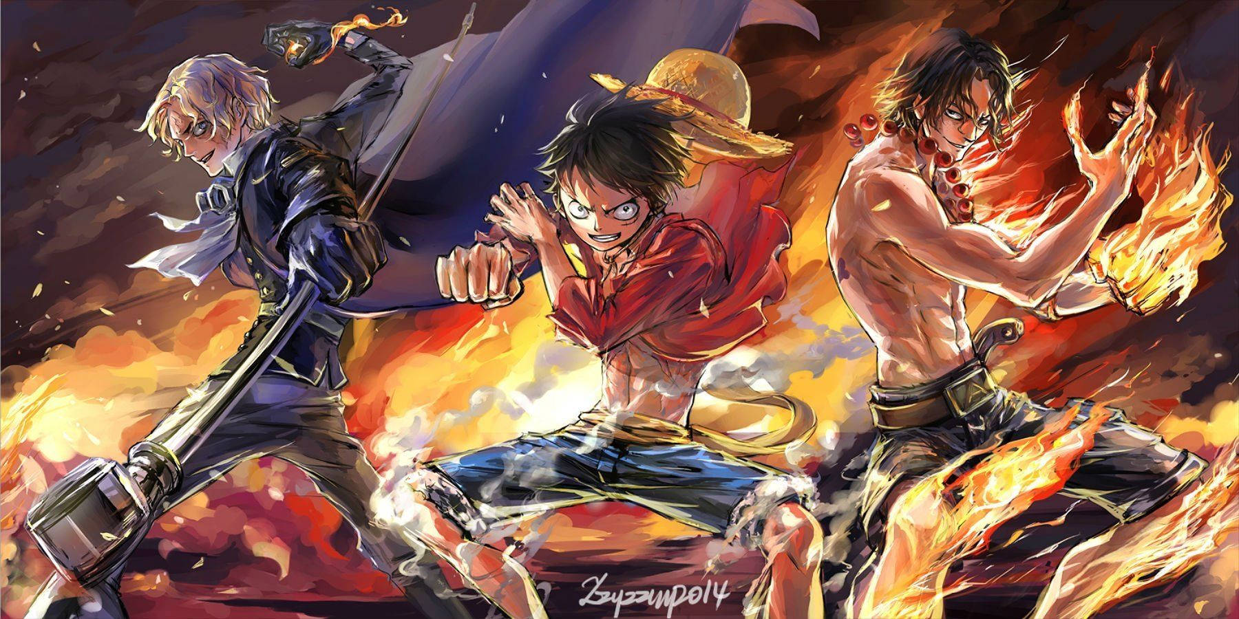 Obra de arte ardiente de One Piece de Luffy, Ace y Sabo wallpaper.