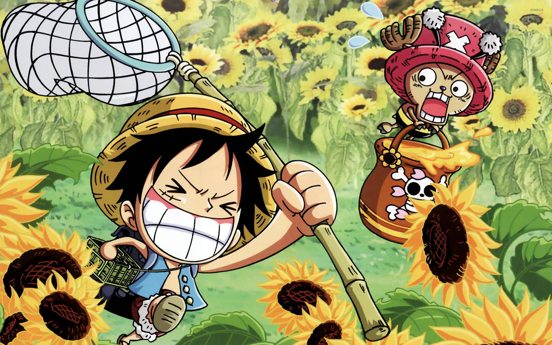 Fondo de pantalla de One Piece Luffy y Chopper en un campo de girasoles.