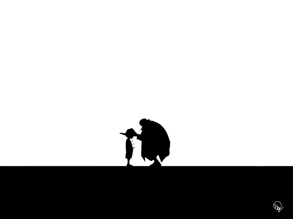 Fondo de pantalla de One Piece con la silueta de Shanks colocando un sombrero de paja sobre la cabeza de Luffy.