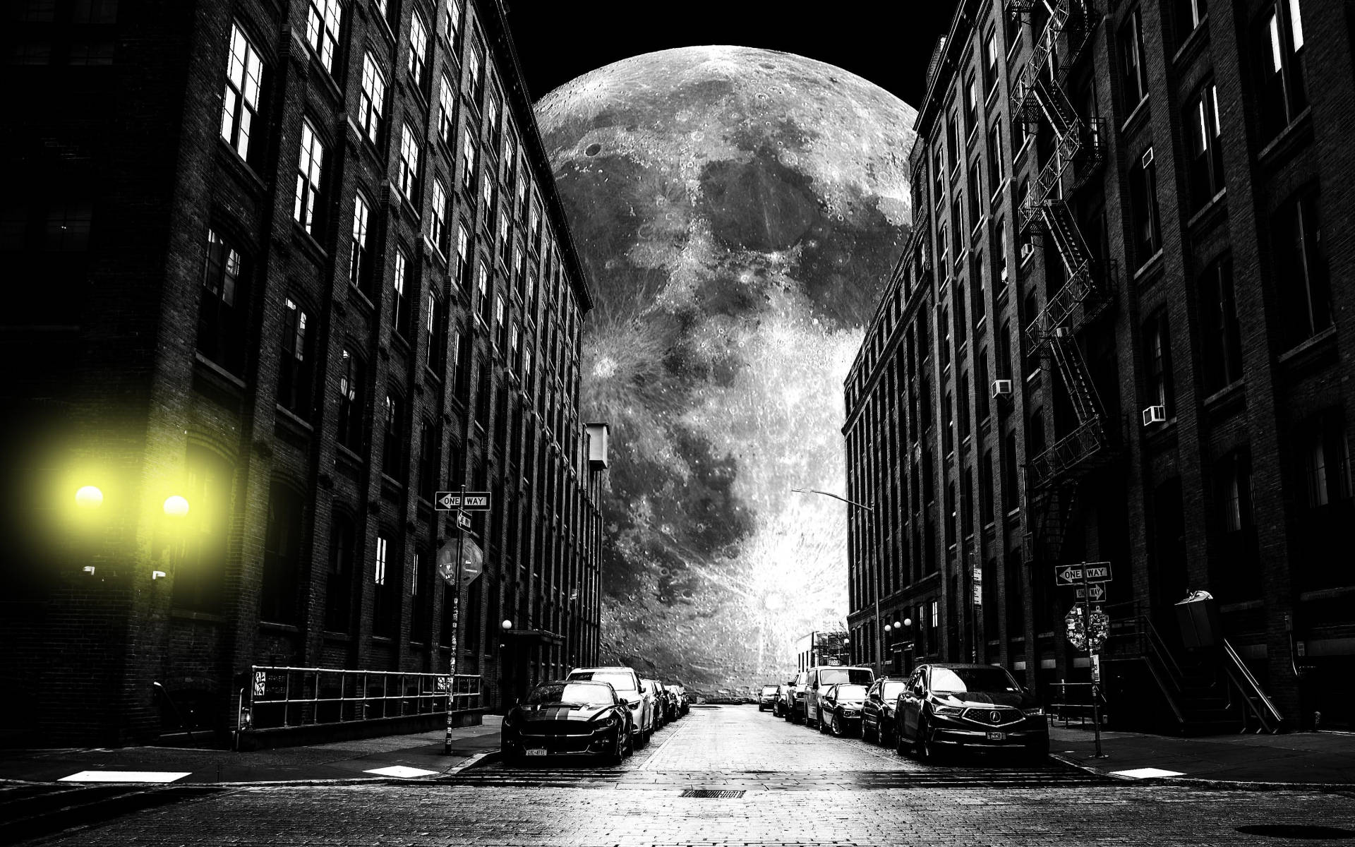 Luna galáctica en escala de grises detrás de edificios Fondos de pantalla