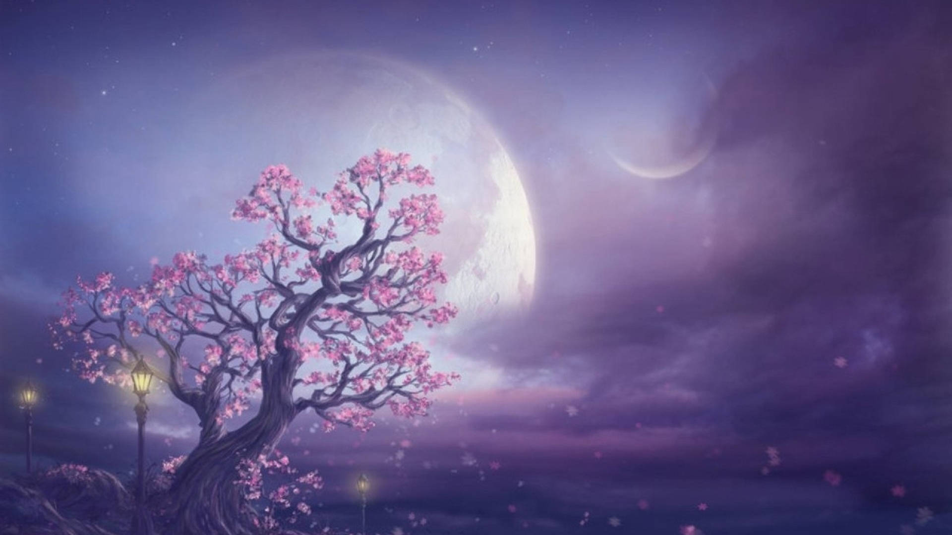 Luna Galáctica y Árbol de Cerezo en Flor Fondos de pantalla