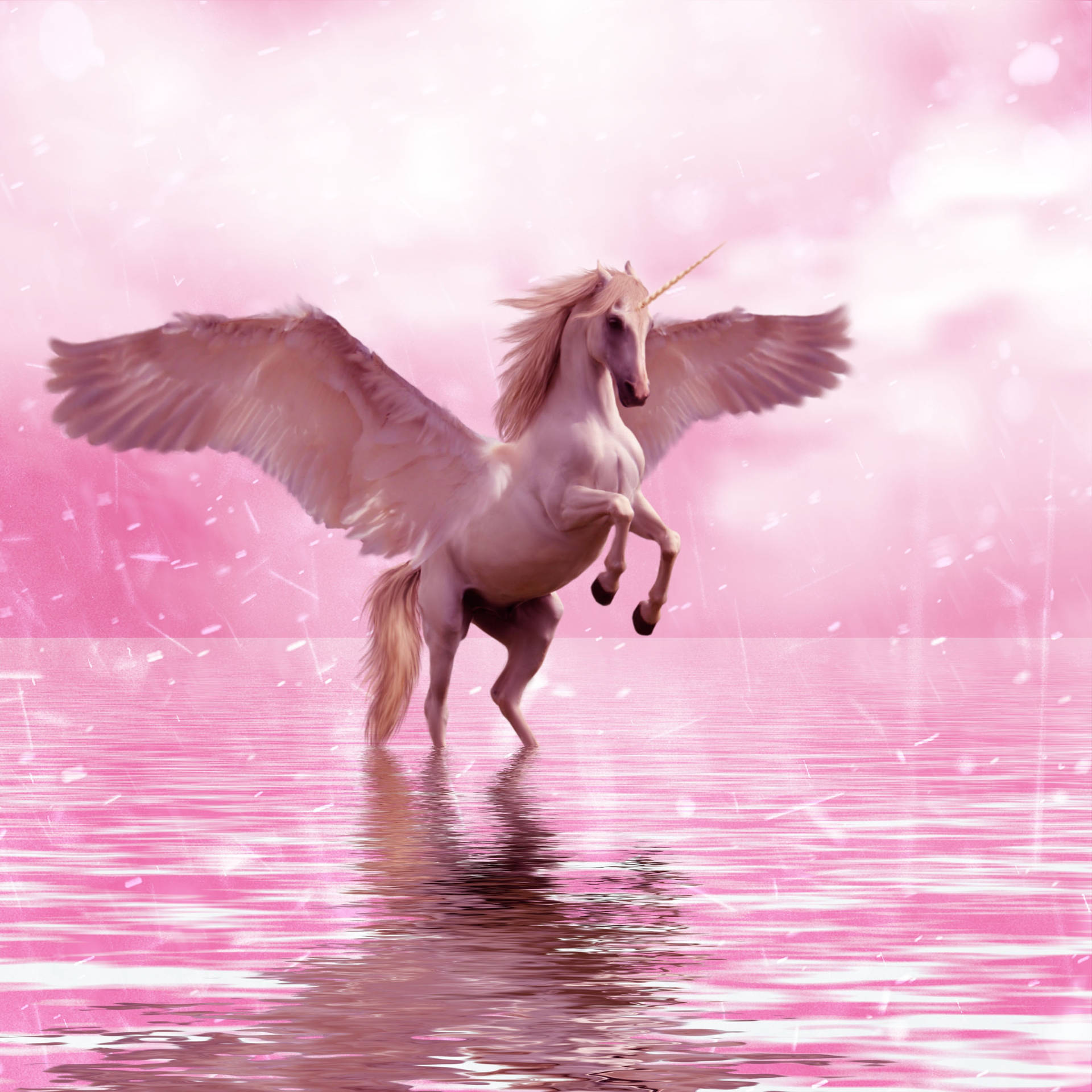 Unicornio de pie en un río rosa con salpicaduras en un lugar mágico.