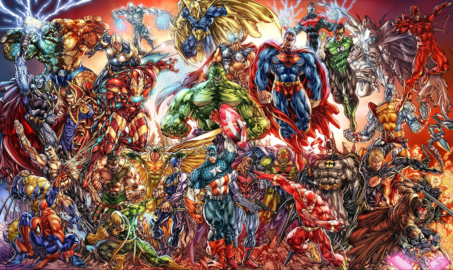 Marvel Comics en colores brillantes y dibujo resplandeciente.