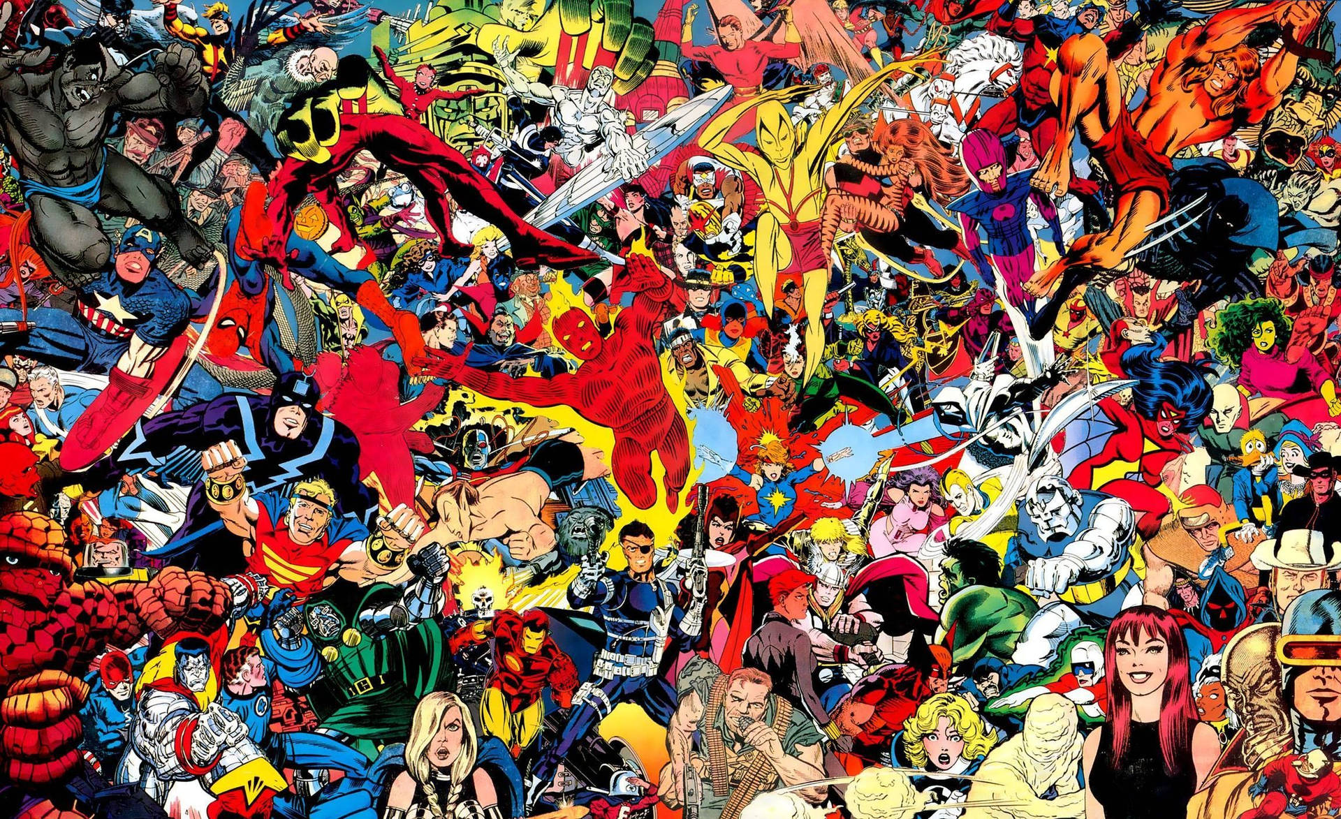 Clásicos cómics de Marvel con todos los superhéroes en un tema colorido.