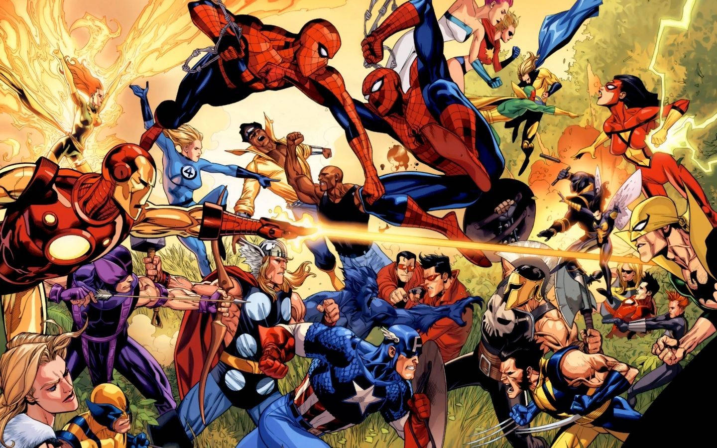 Superhéroes de Marvel en un fondo de cómic con villano.