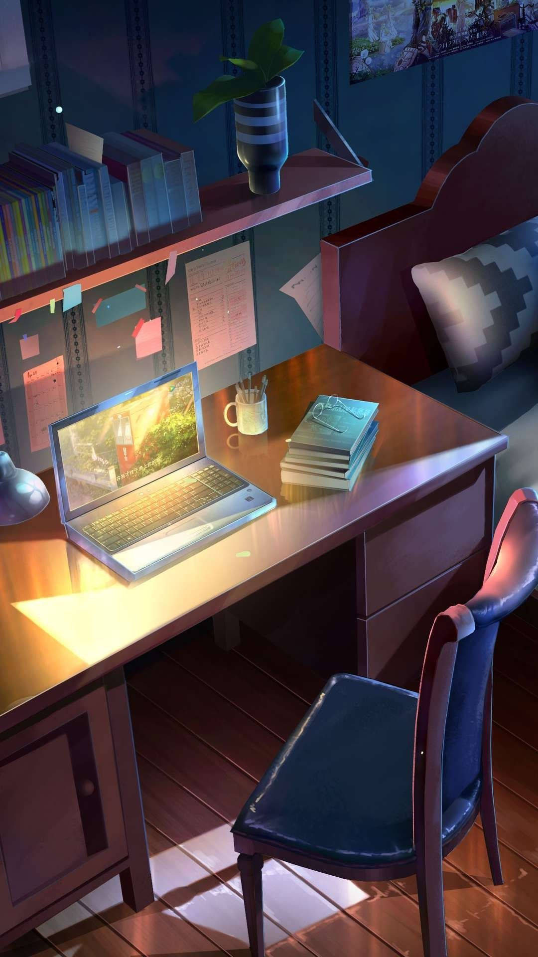 Mesa de estudio en habitación anime Fondos de pantalla