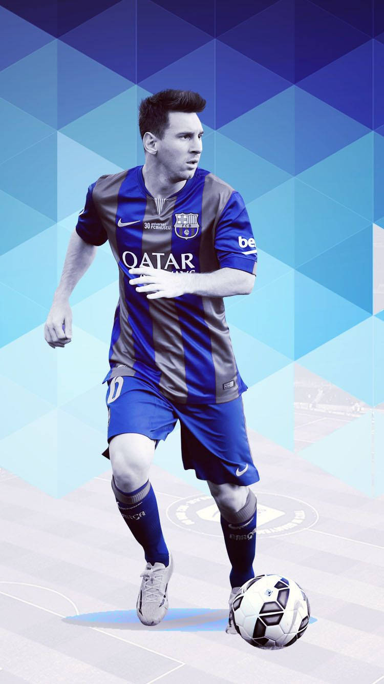 Fondo de pantalla artístico de Lionel Messi sobre un patrón de cubos geométricos azules