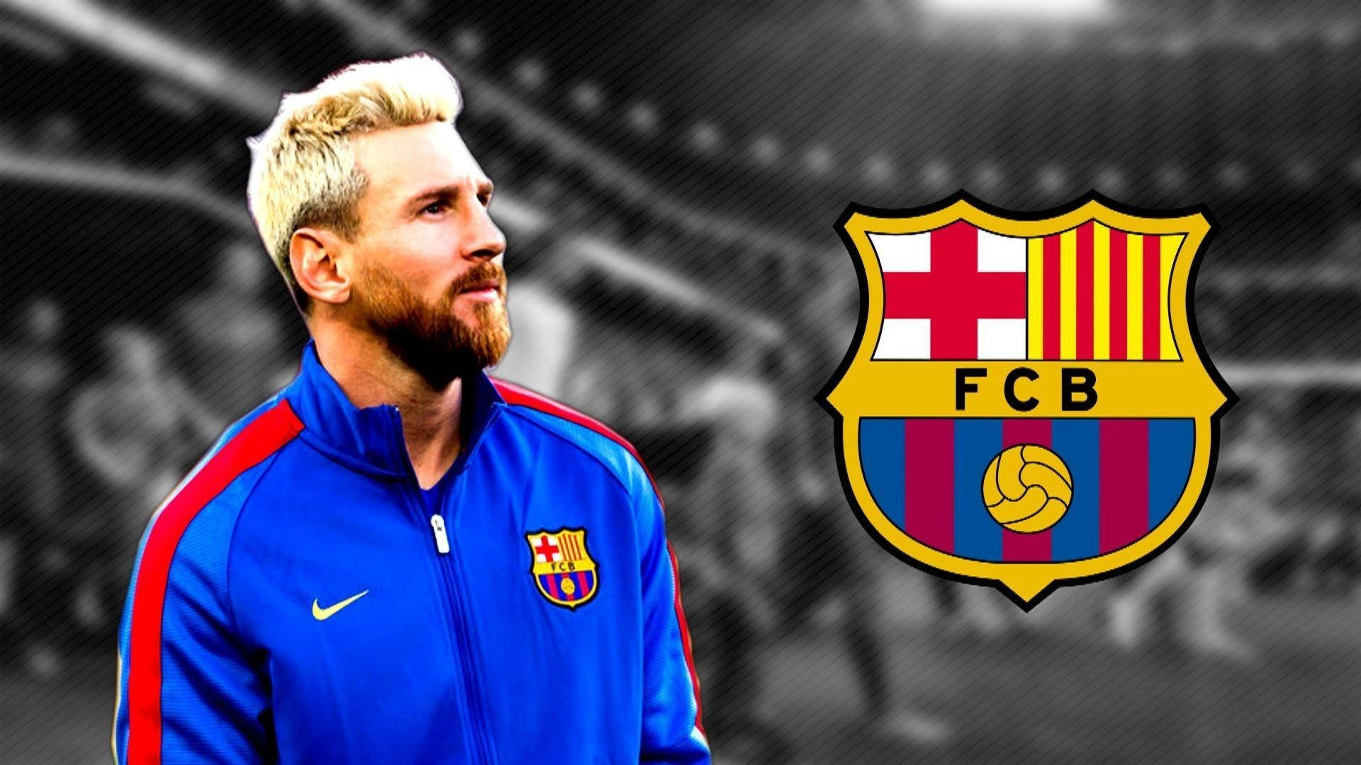 Fondo de pantalla de Lionel Messi junto al logotipo del FCB en imagen en escala de grises