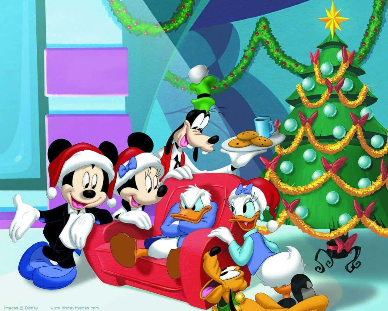 Mickey Mouse y sus amigos alrededor de un árbol de Navidad Fondos de pantalla