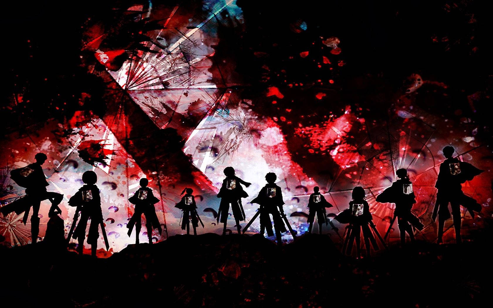 Silueta del Cuerpo de Exploración sobre fondo sangriento en fondo de pantalla de fan art de Ataque a los Titanes.