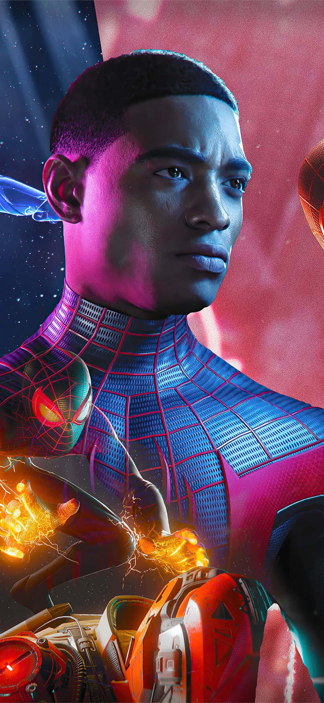 Miles Morales de la aclamada película Spider-Man: Un Nuevo Universo rodeado de chispas eléctricas contra el fondo de la ciudad Fondos de pantalla