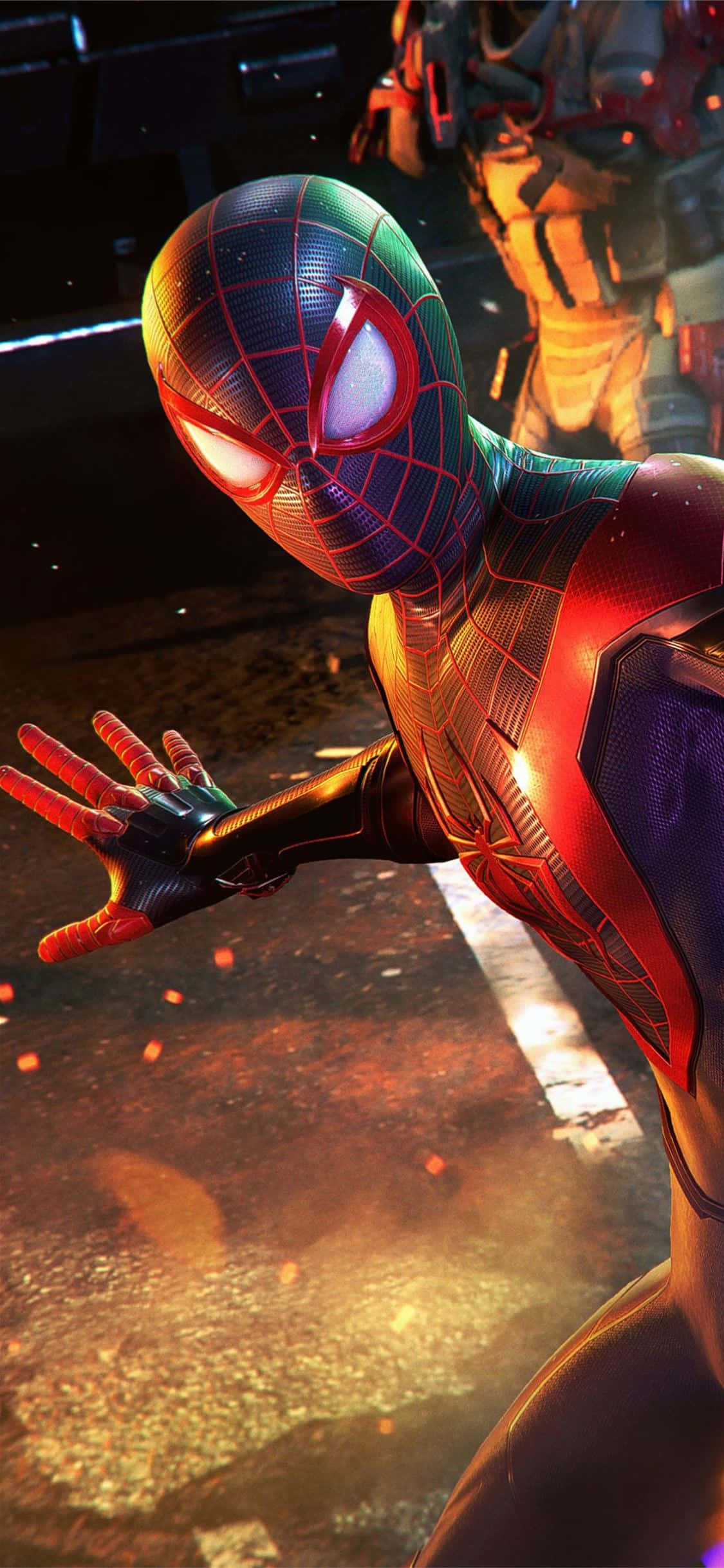 Miles Morales lanzándose a la acción en su iPhone Fondos de pantalla