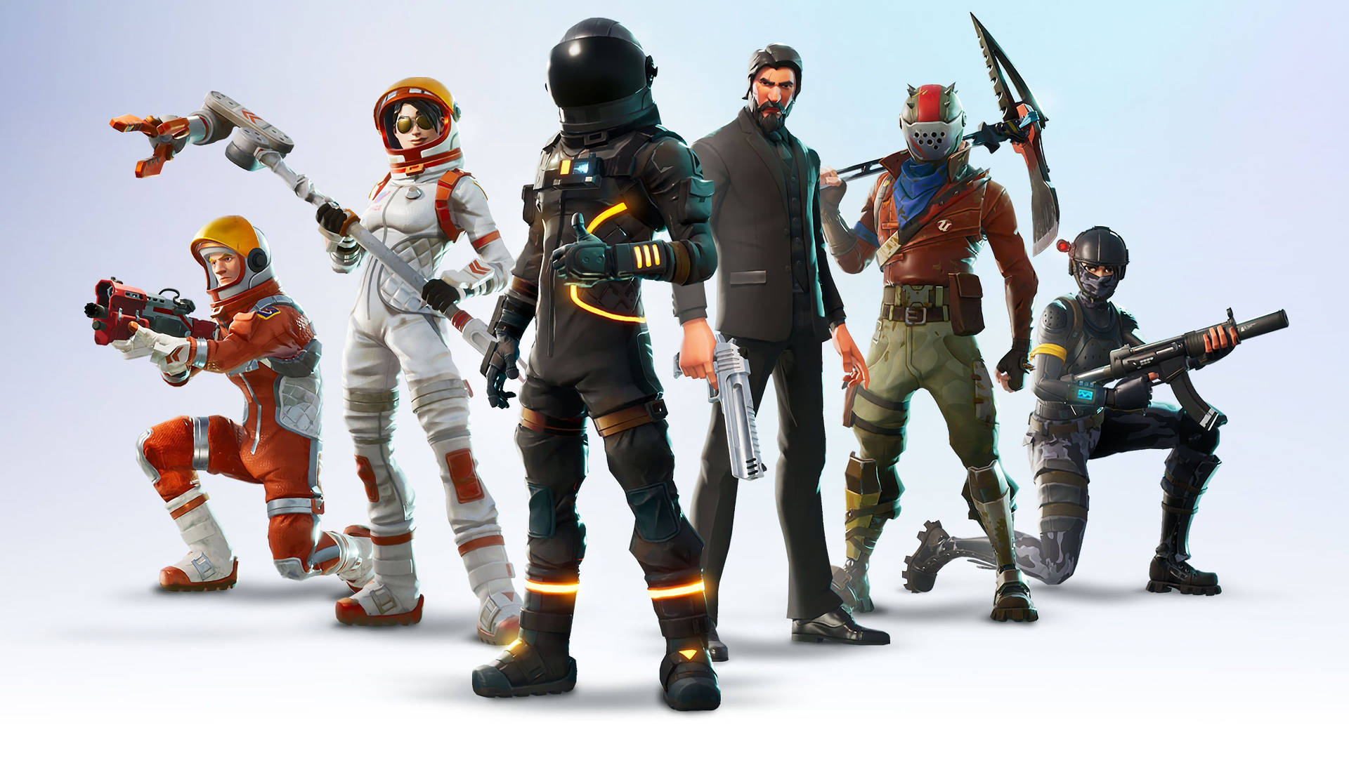 Seis personajes geniales con aspectos de película posando del juego Fortnite en un fondo blanco HD wallpaper.
