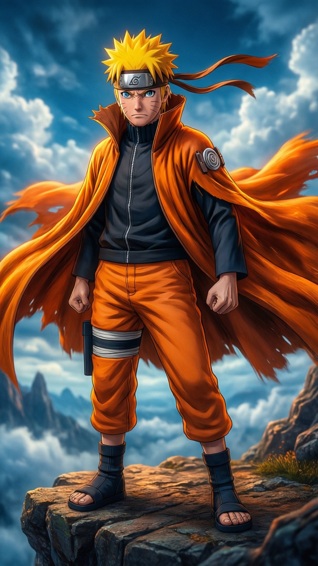 Naruto en Modo Sabio contemplando un cielo dramático.