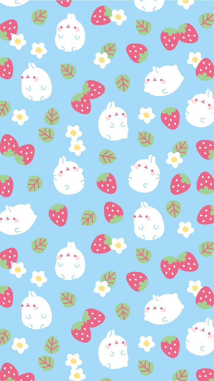 Fondo de pantalla kawaii de Molang y fresa.