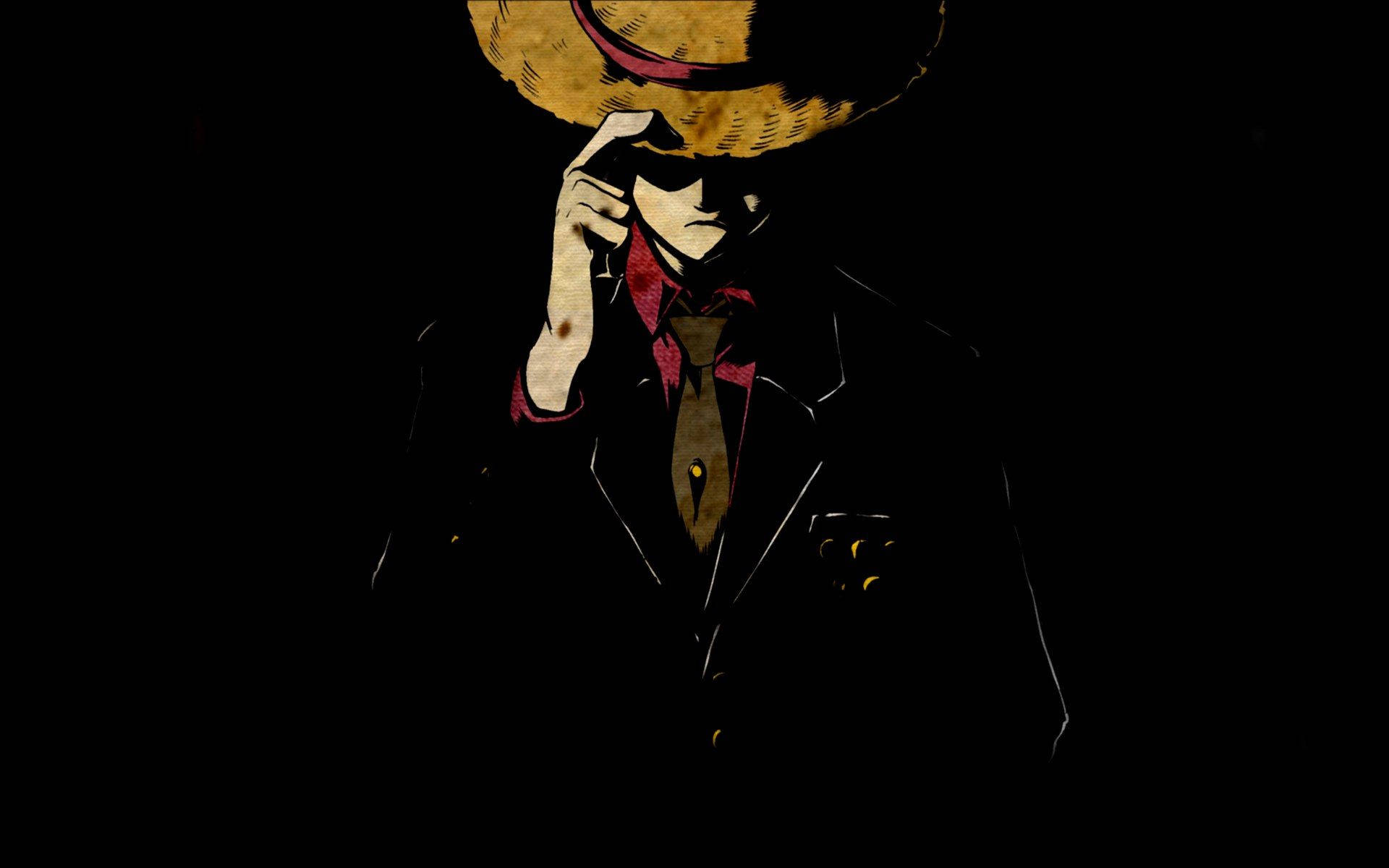 Fondo de pantalla de One Piece Luffy con sombrero de paja y traje negro.