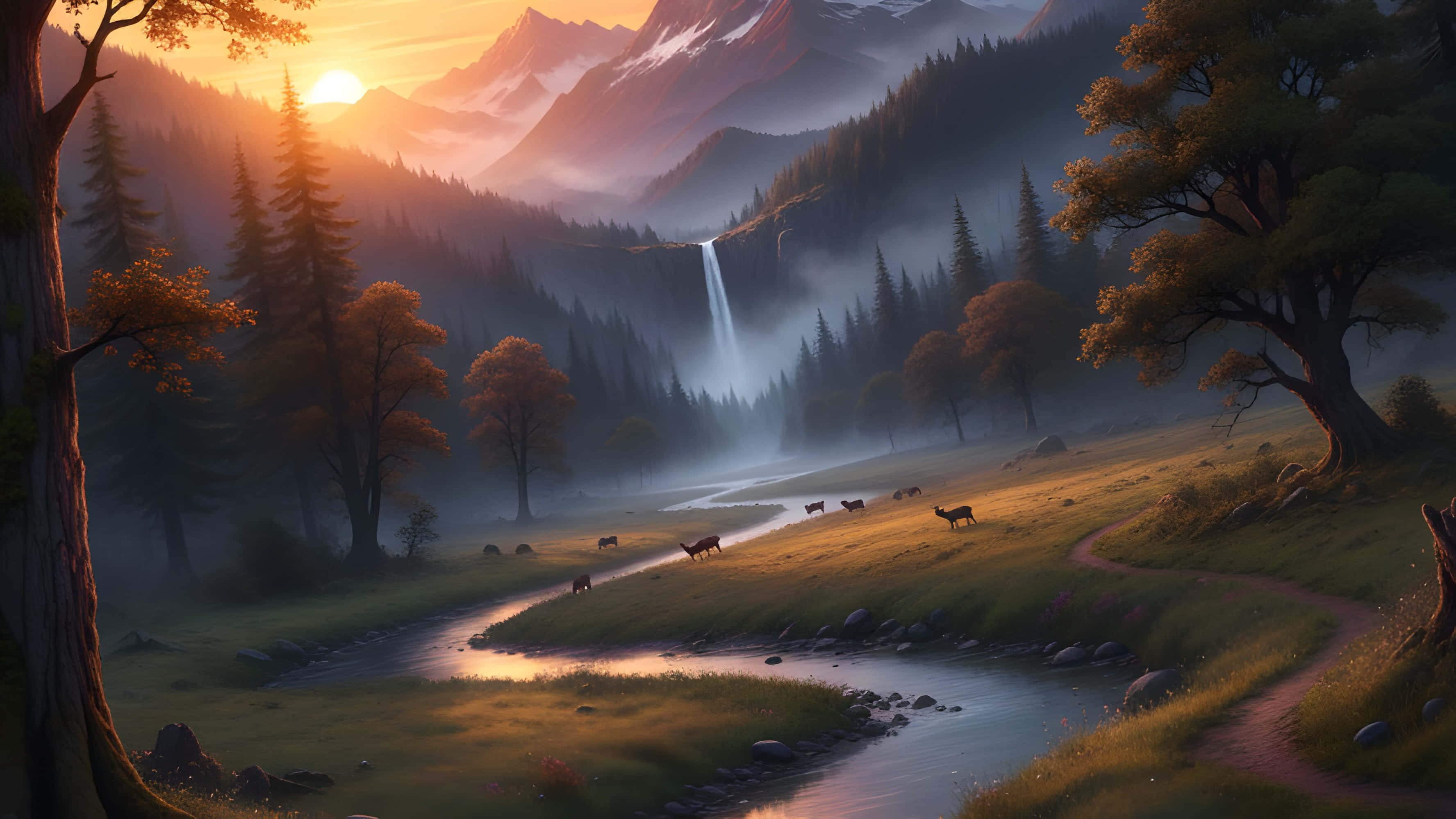 Montaña con Río 4K Fondos de pantalla