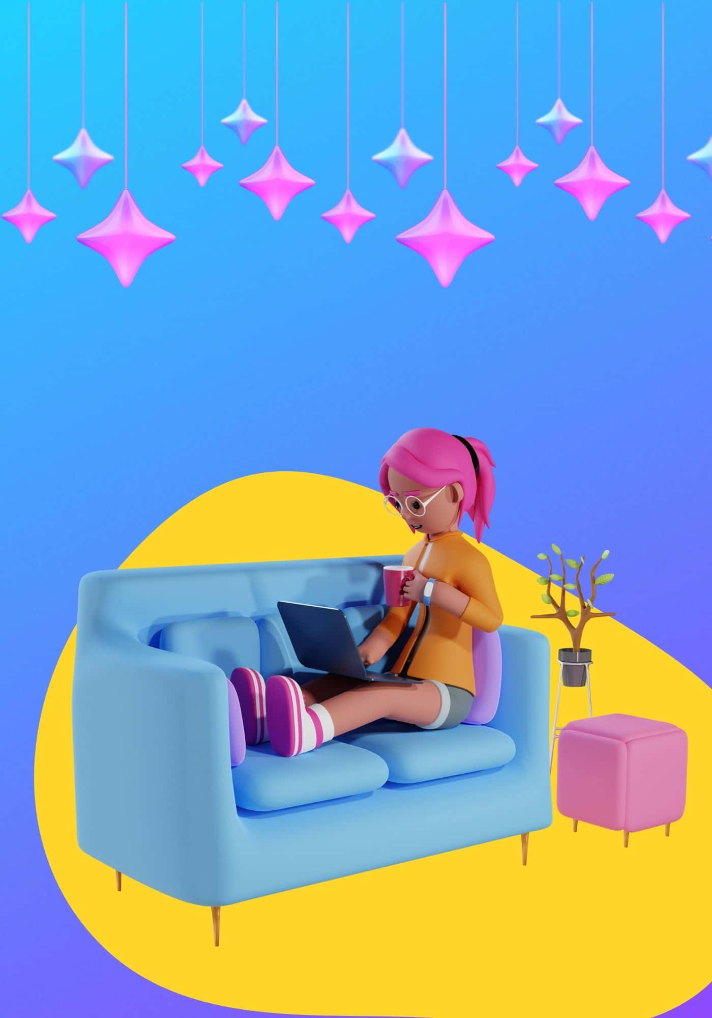 Mujer 3D genial en fondo de sofá azul Fondos de pantalla