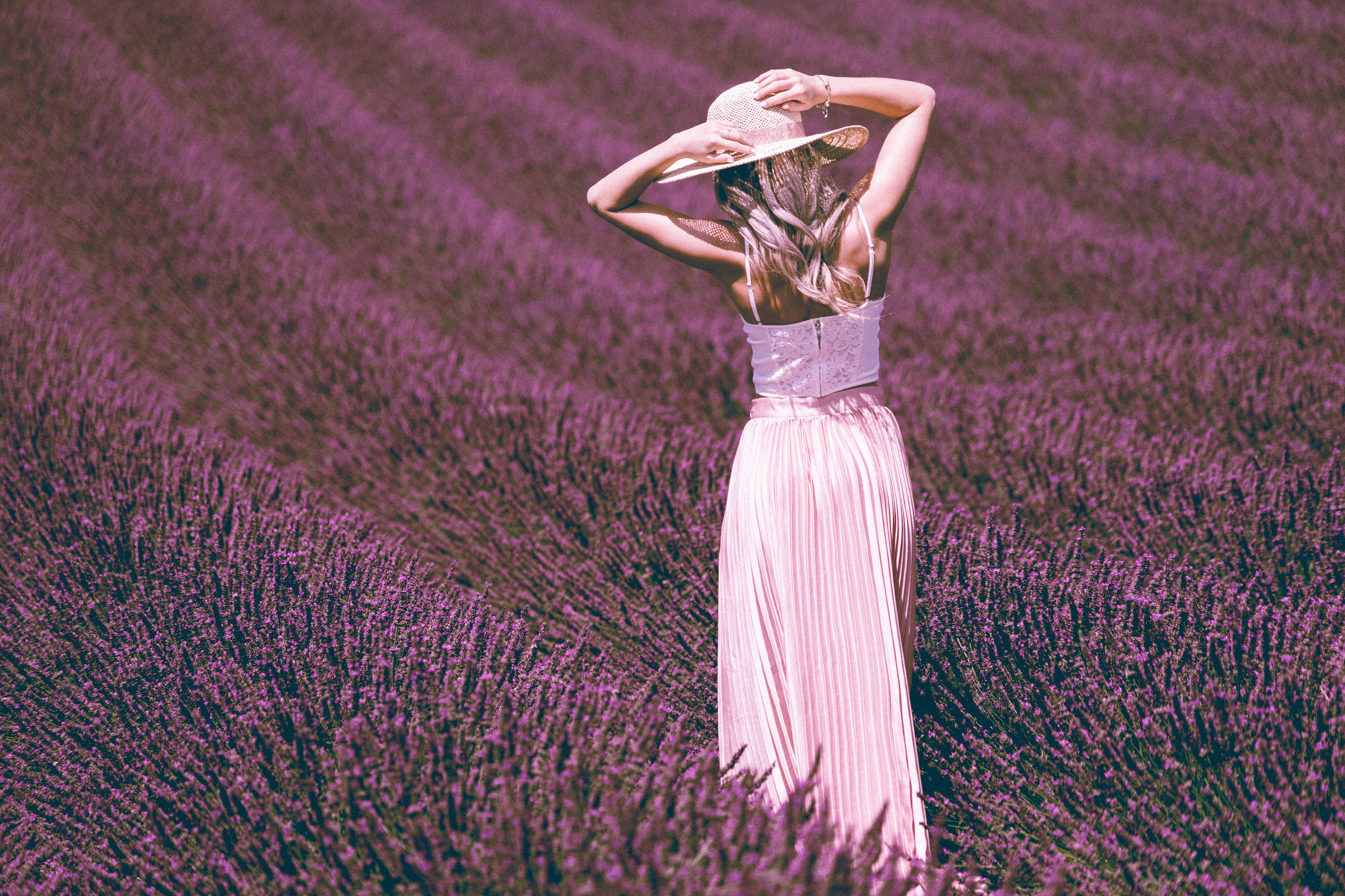 Mujer con sombrero en campo de lavanda Fondos de pantalla