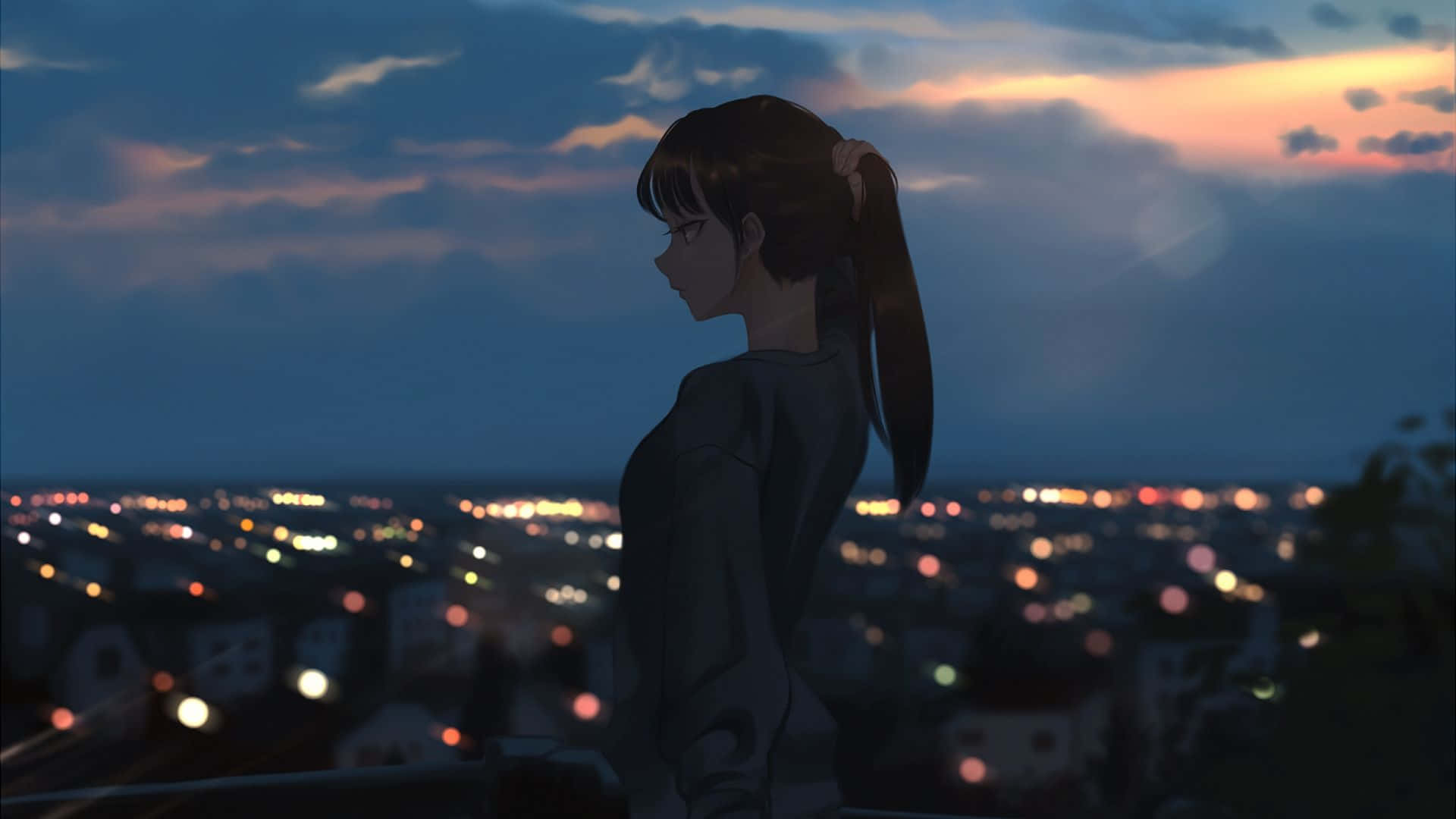 Mujer Contempla Paisaje Nocturno de Ciudad Anime Fondos de pantalla