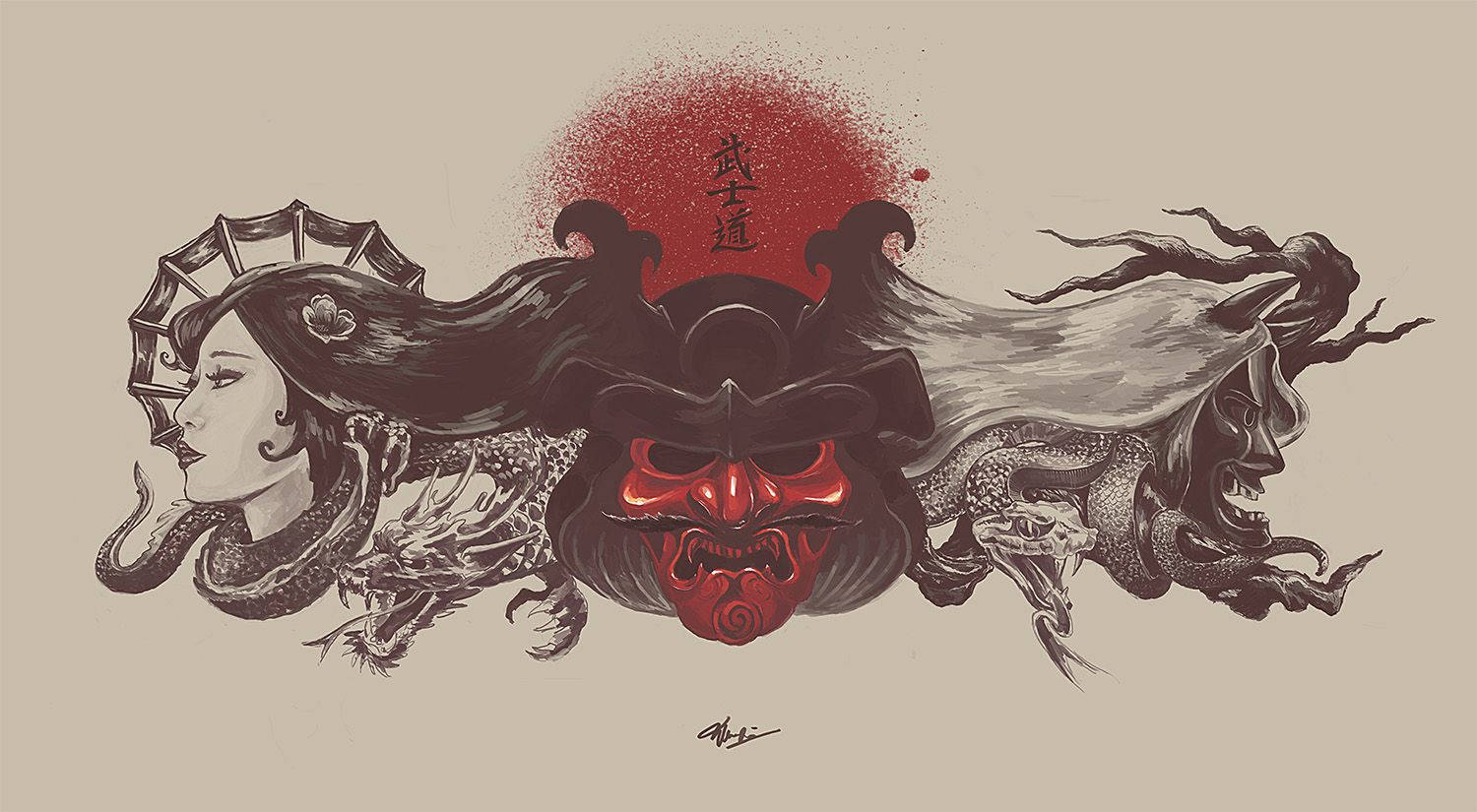 Mujer samurái japonesa y demonio Fondos de pantalla