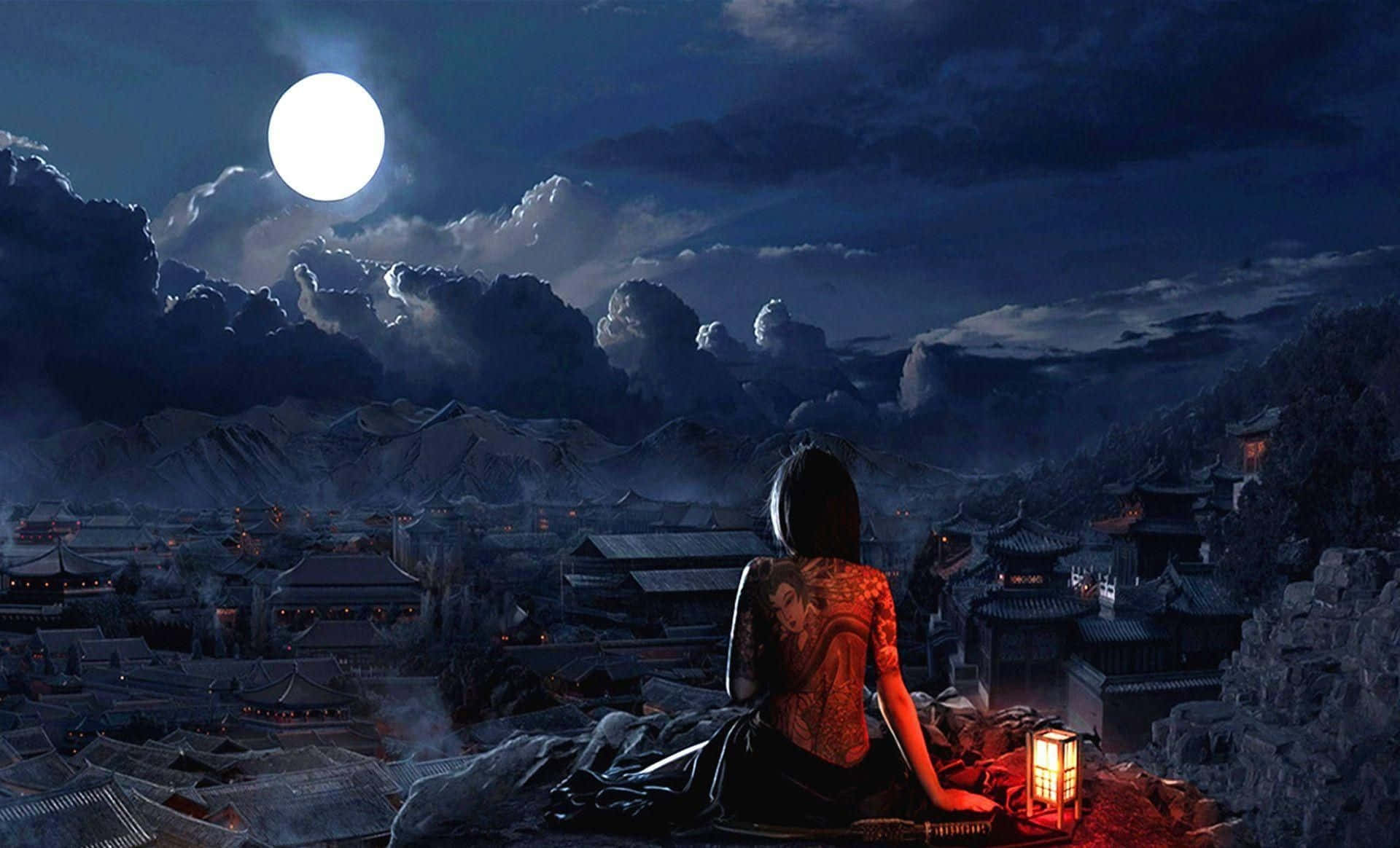 Mujer sentada en una roca mirando la luna Fondos de pantalla