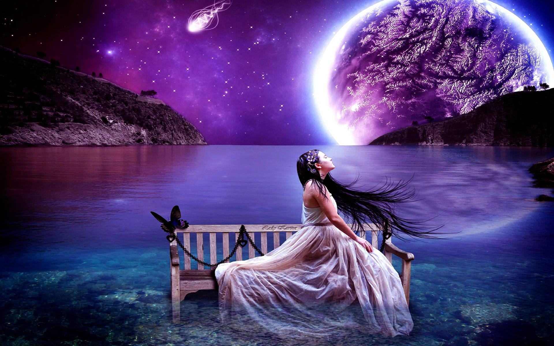 Mujer Sola y la Luna Galáctica Fondos de pantalla