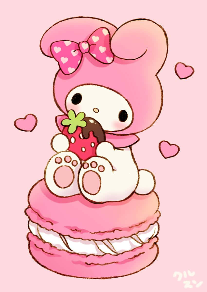 My Melody Comiendo Fresa Sobre Macaron Fondos de pantalla