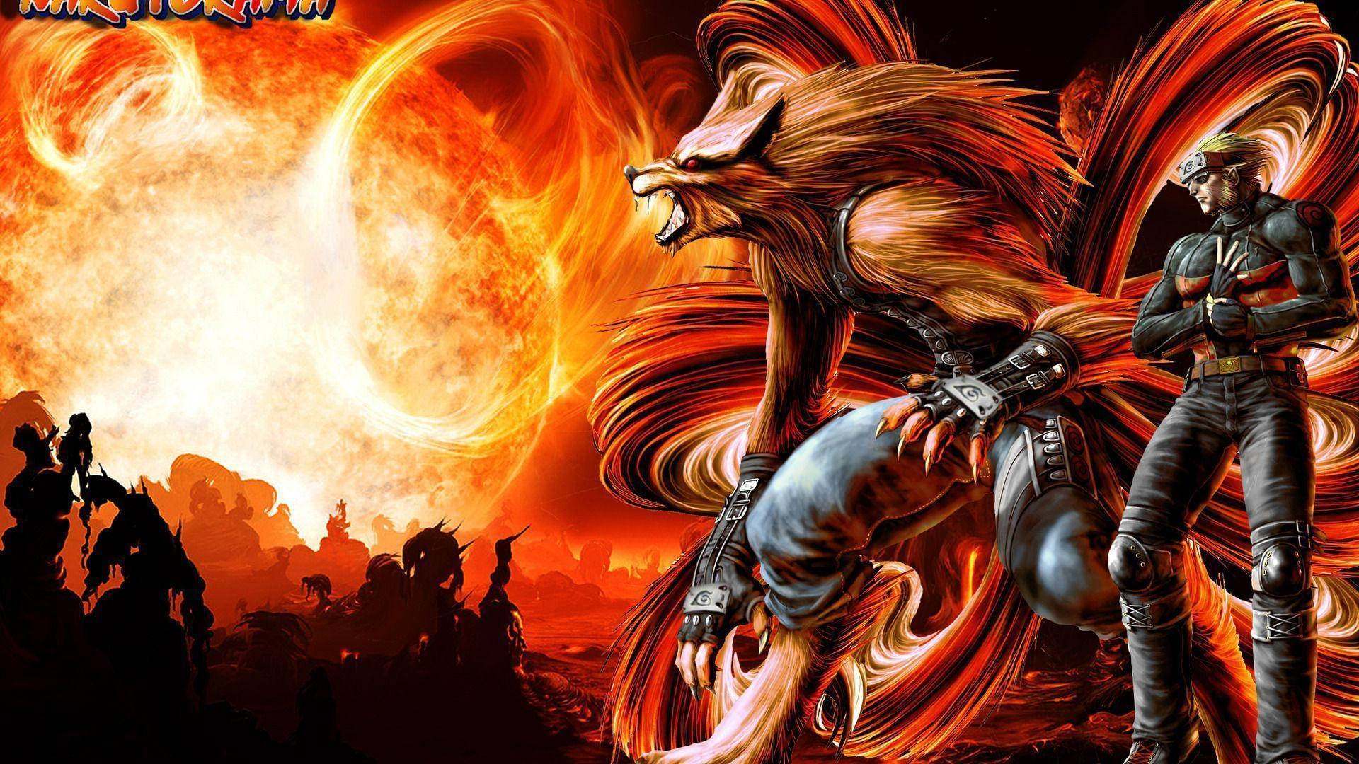 Arte digital de Naruto con su monstruo de chakra, el zorro de nueve colas, en un fondo de fuego.