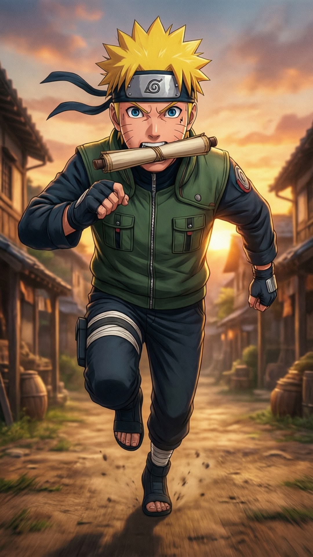 Naruto corriendo con un pergamino en acción.