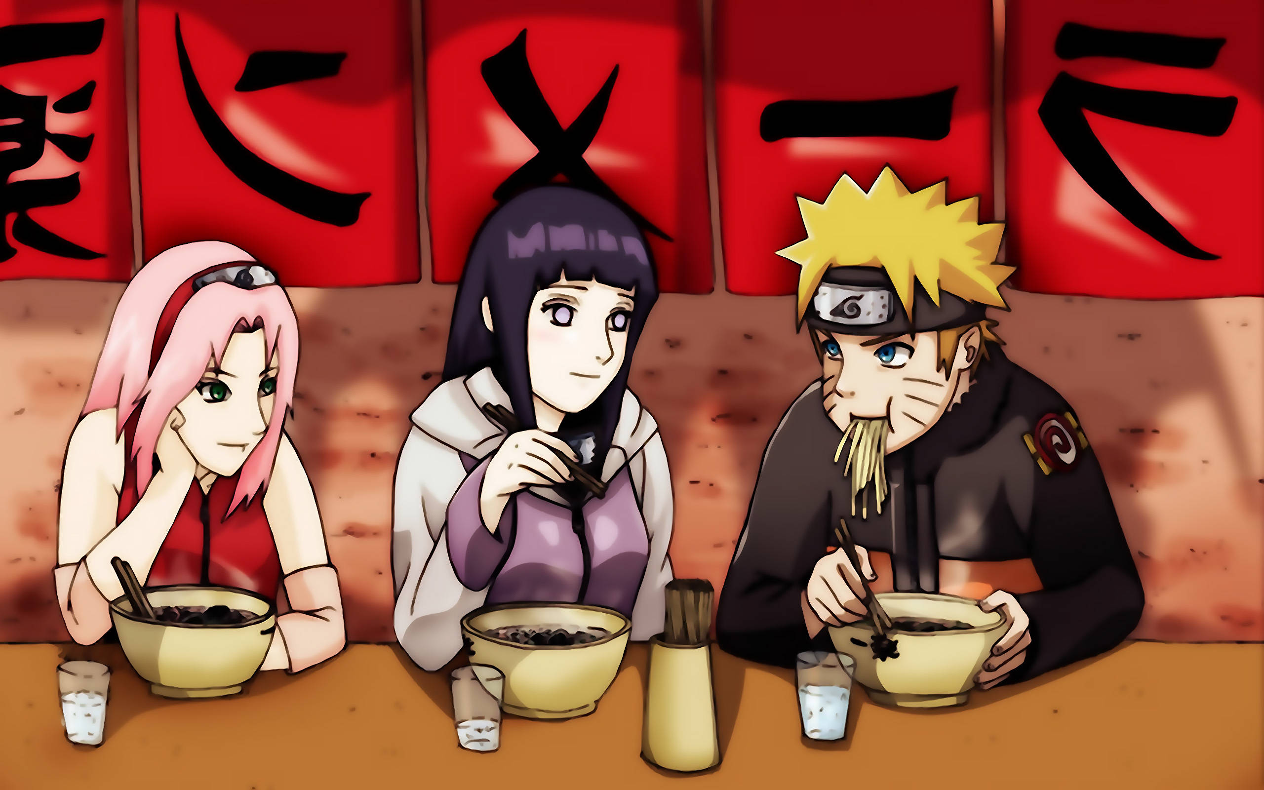 Naruto y Hinata con Sakura comiendo ramen Fondos de pantalla
