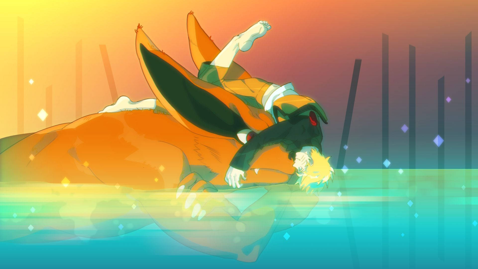 Fondo de pantalla fan art de Naruto Uzumaki abrazando a Kurama.