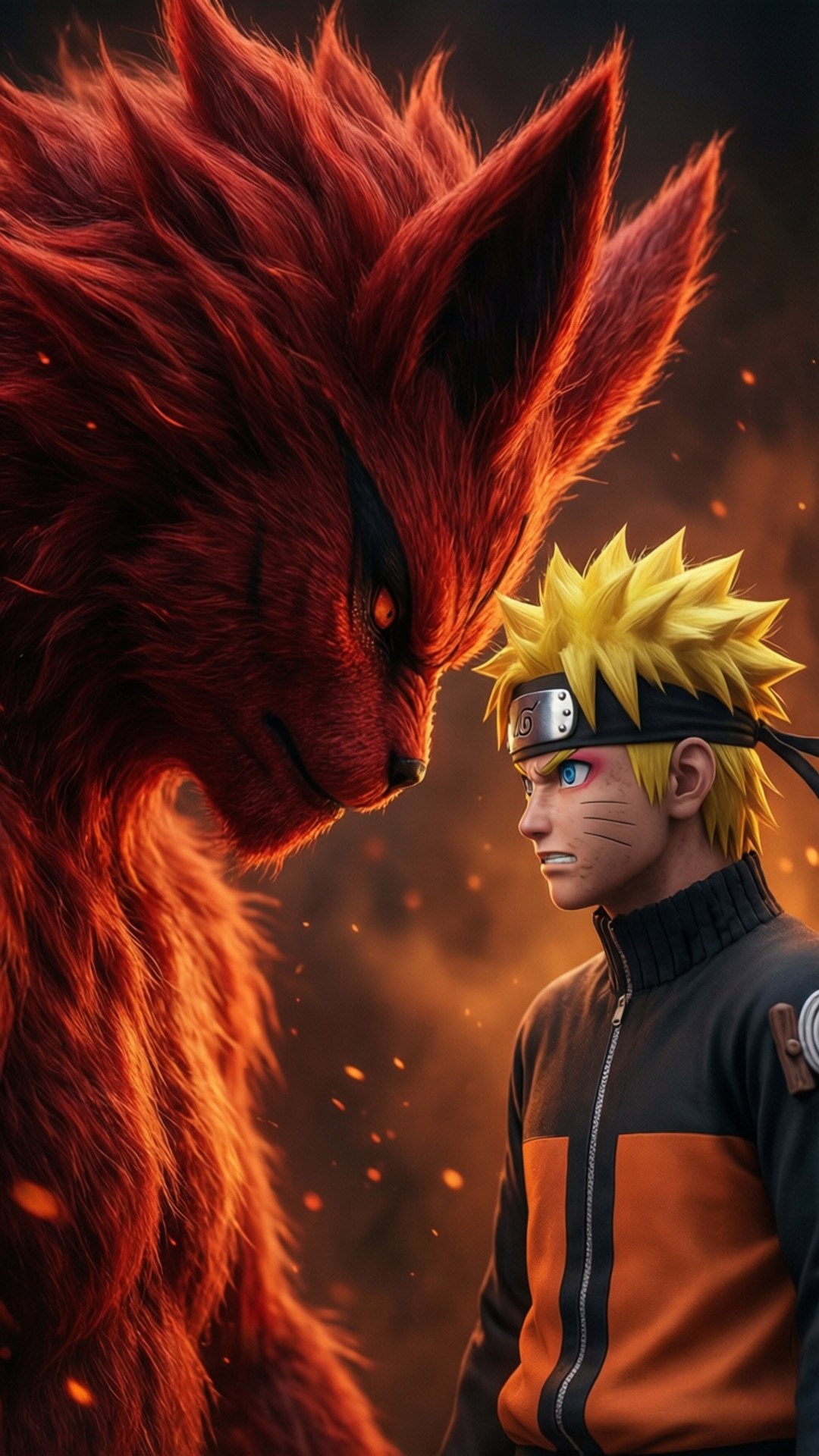 Naruto de pie frente al Zorro de Nueve Colas.