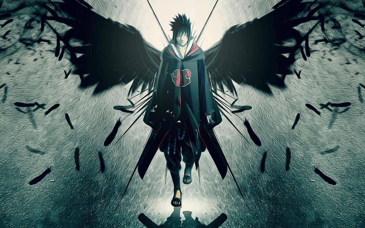 Sasuke Uchiha de la aldea de la hoja caminando en la oscuridad con alas negras fanart.