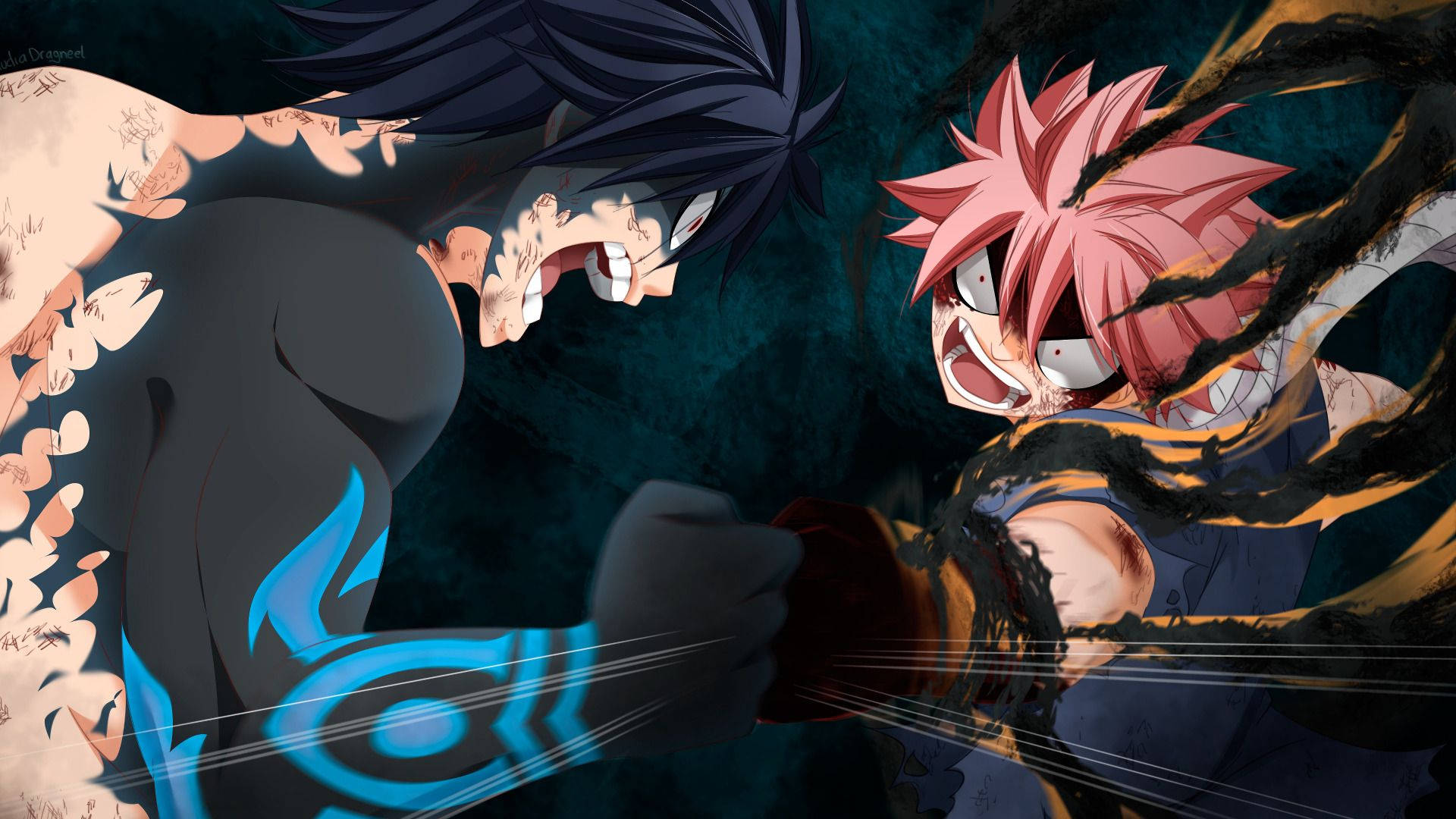 Fondo de pantalla de Demon Slayer de Natsu Dragneel luchando contra Gray Fullbuster de Fairy Tail.