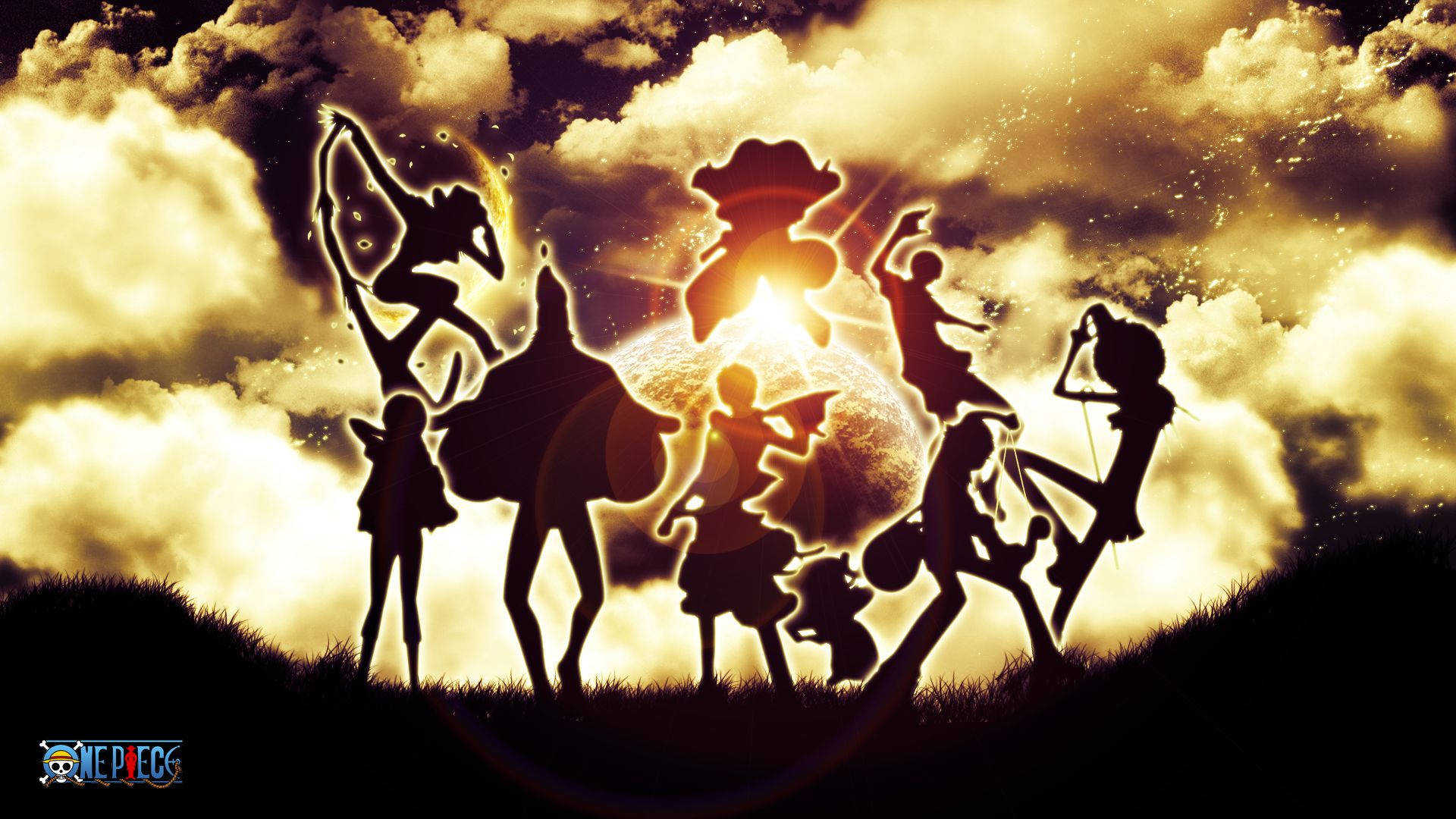 Fondo de pantalla de la silueta de la tripulación pirata del Sombrero de Paja de One Piece en medio de una luz brillante.