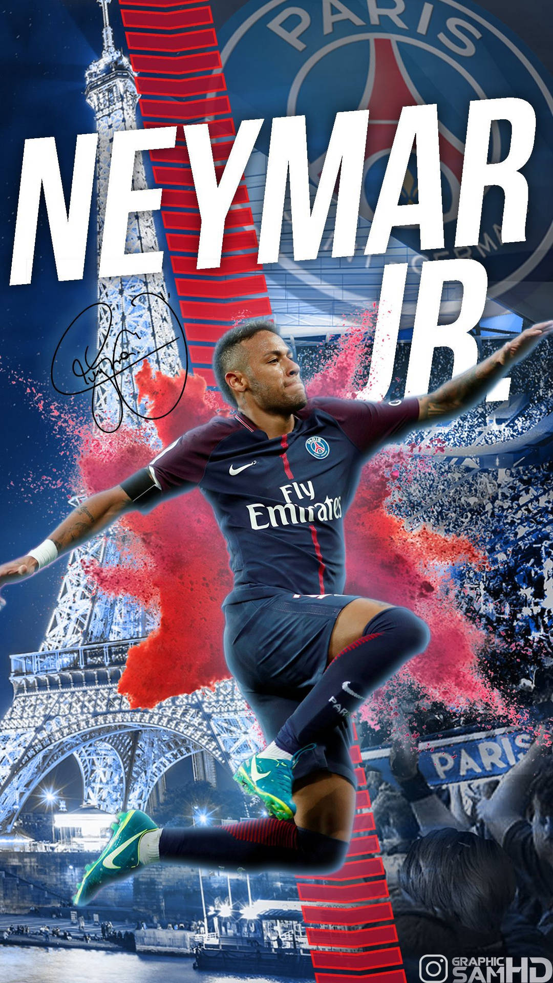 Fondo de pantalla de arte de fan de Neymar en azul y rojo.